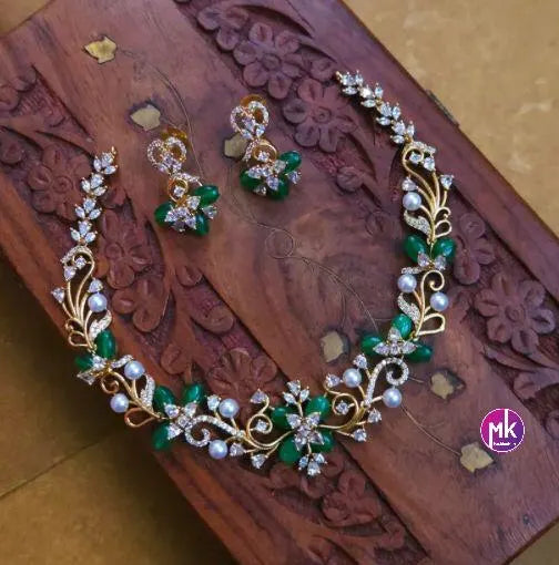 Flower design Premium quality Red, Green and Purple AD/CZ stone Necklace with Earrings - Fashion Jewelry - MK Fashionkart