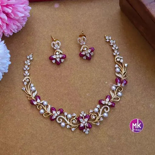 Flower design Premium quality Red, Green and Purple AD/CZ stone Necklace with Earrings - Fashion Jewelry - MK Fashionkart