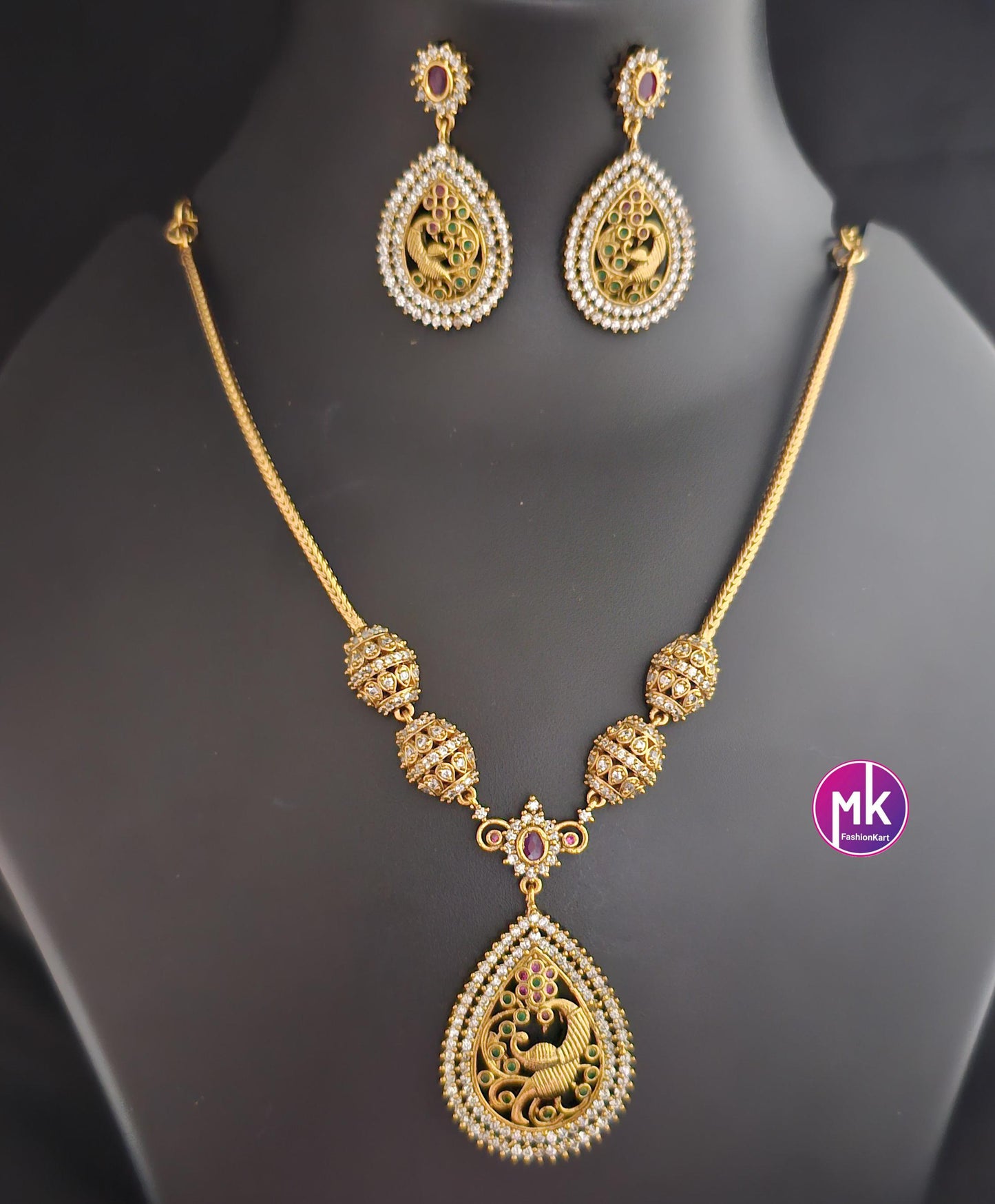 Peacock Premium Matte gold finish AD stone necklace with matching Big Earrings - Traditional Jewelry - Mk Fashionkart