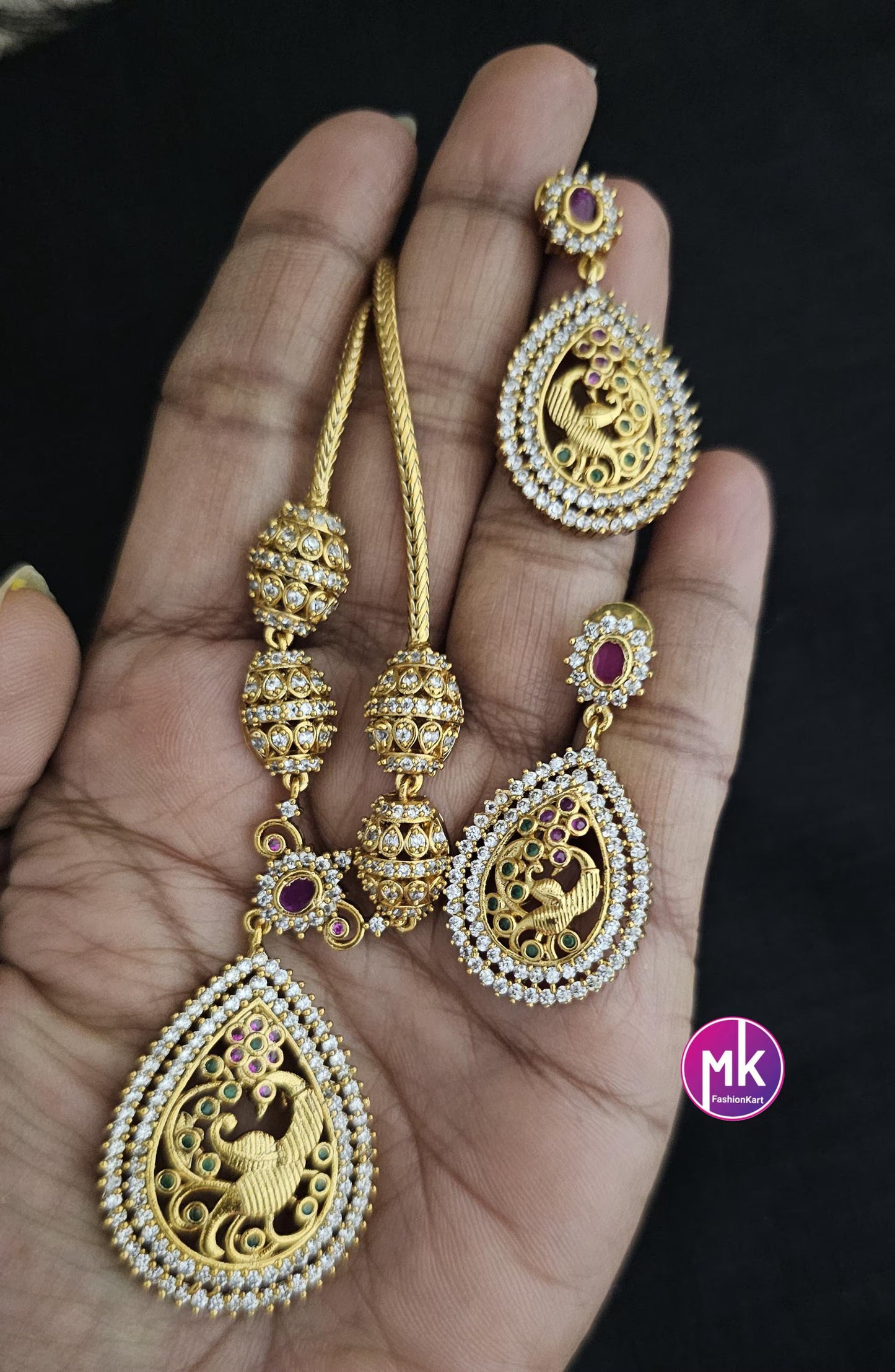 Peacock Premium Matte gold finish AD stone necklace with matching Big Earrings - Traditional Jewelry - Mk Fashionkart