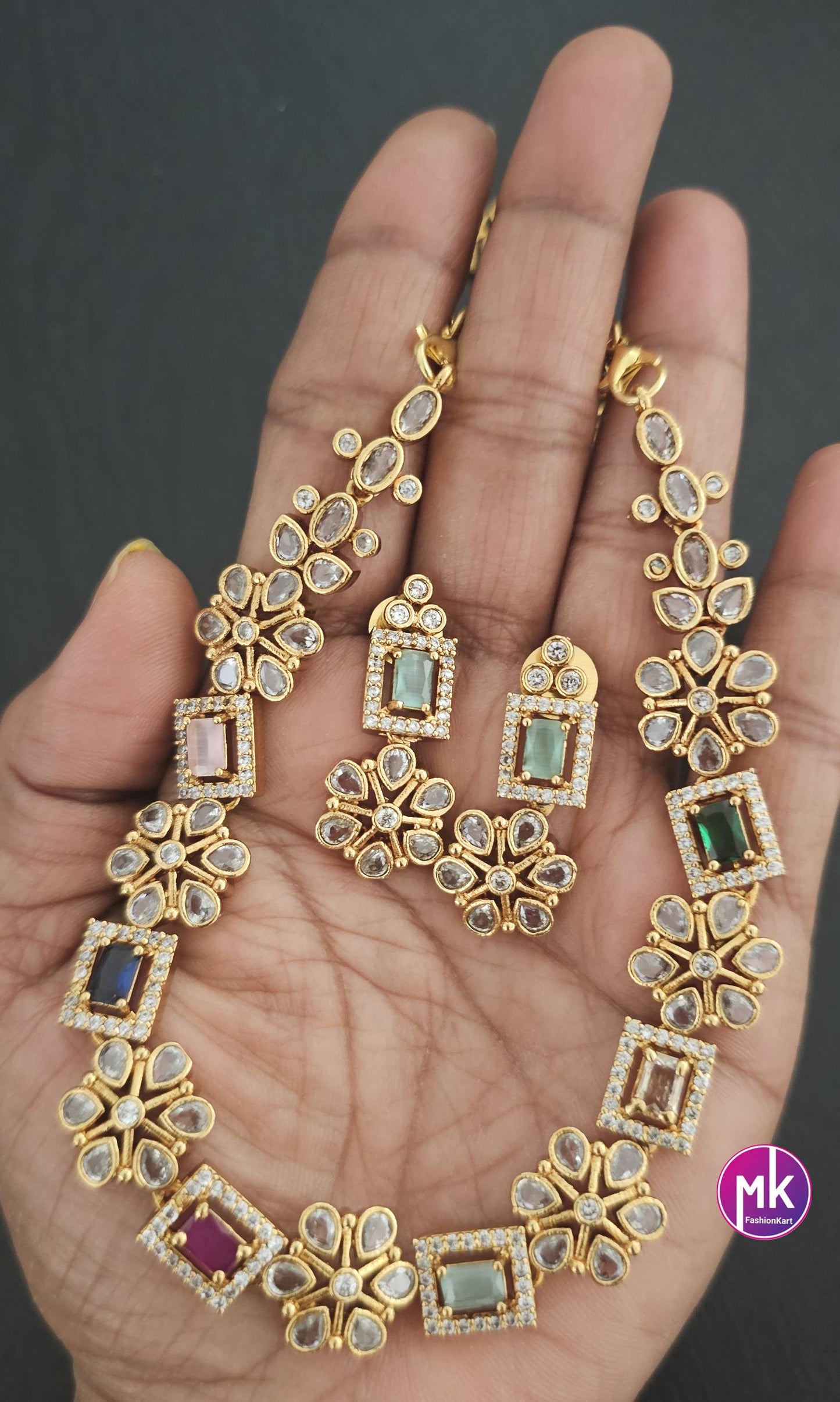 Premium quality Multi-color AD/CZ stone Flower design Necklace with cute Earrings - Gold Jewelry Replica Haram - MK Fashionkart
