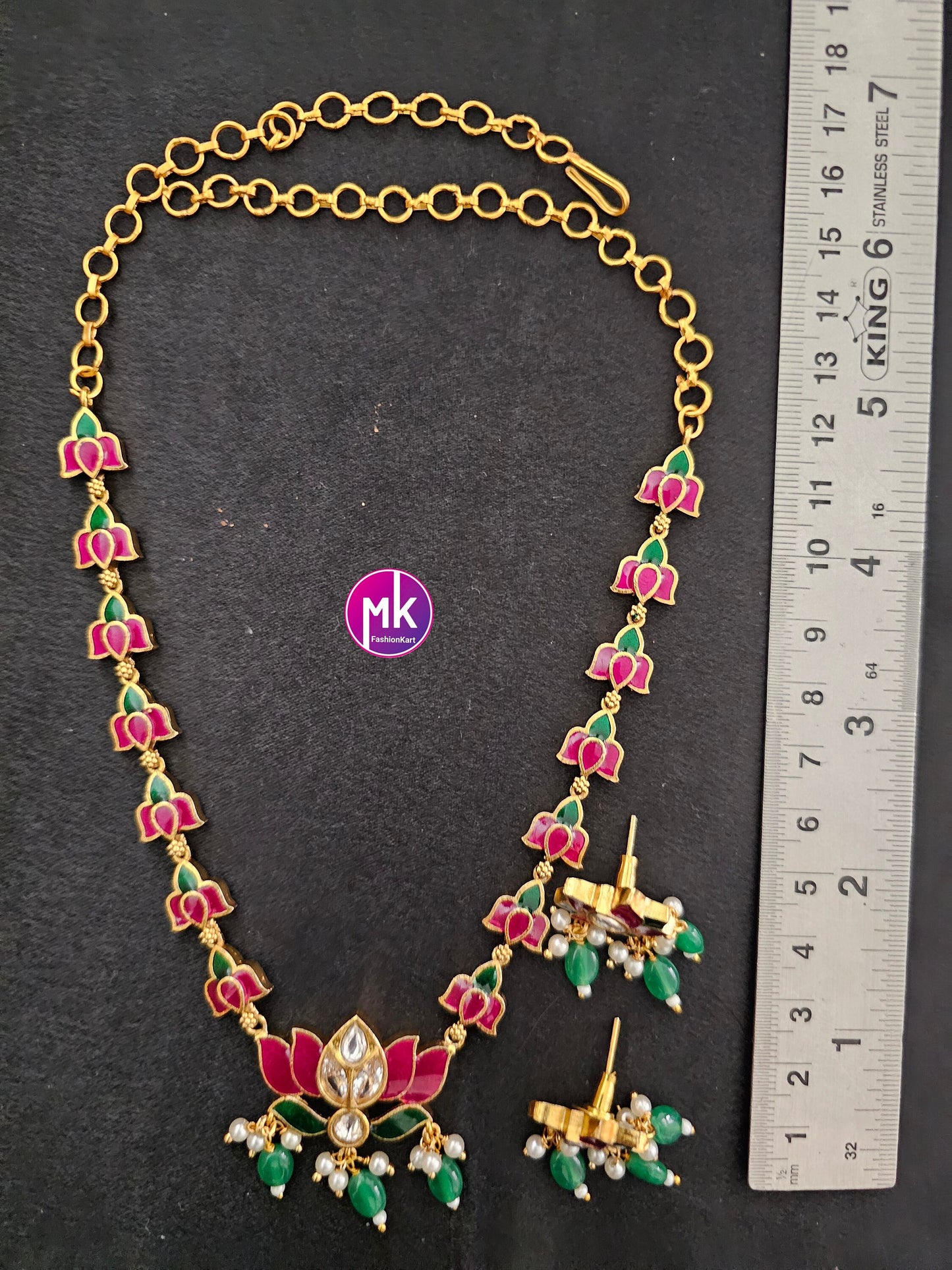 Vibrant color Lotus Meenakari work trendy Necklace with matching Earrings - Adult cum Teen Necklace - Fashion Jewelry - MK Fashionkart