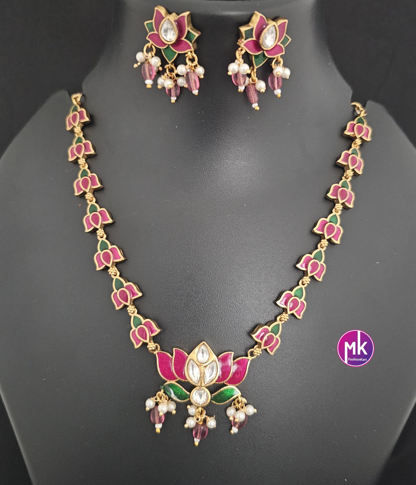 Vibrant color Lotus Meenakari work trendy Necklace with matching Earrings - Adult cum Teen Necklace - Fashion Jewelry - MK Fashionkart