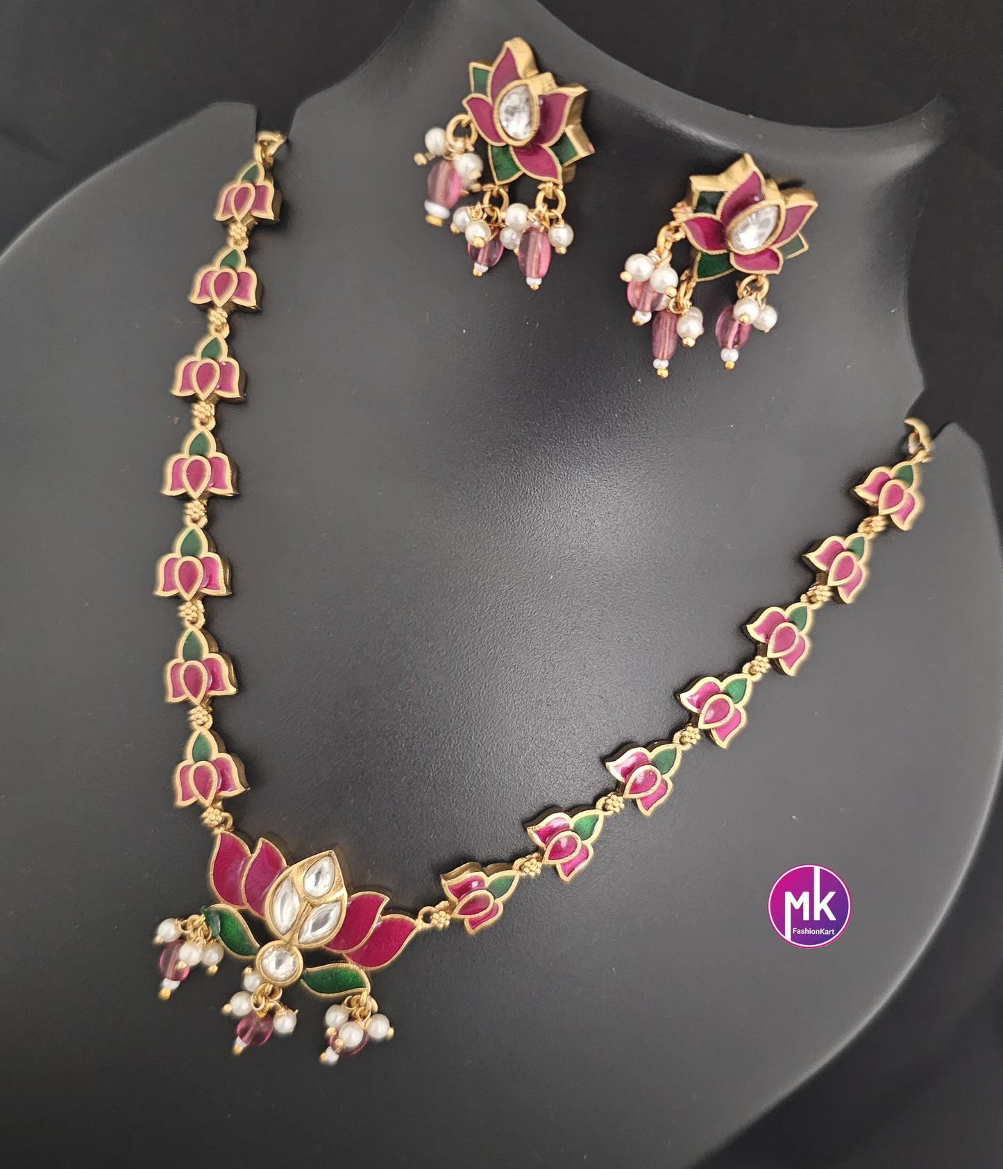Vibrant color Lotus Meenakari work trendy Necklace with matching Earrings - Adult cum Teen Necklace - Fashion Jewelry - MK Fashionkart