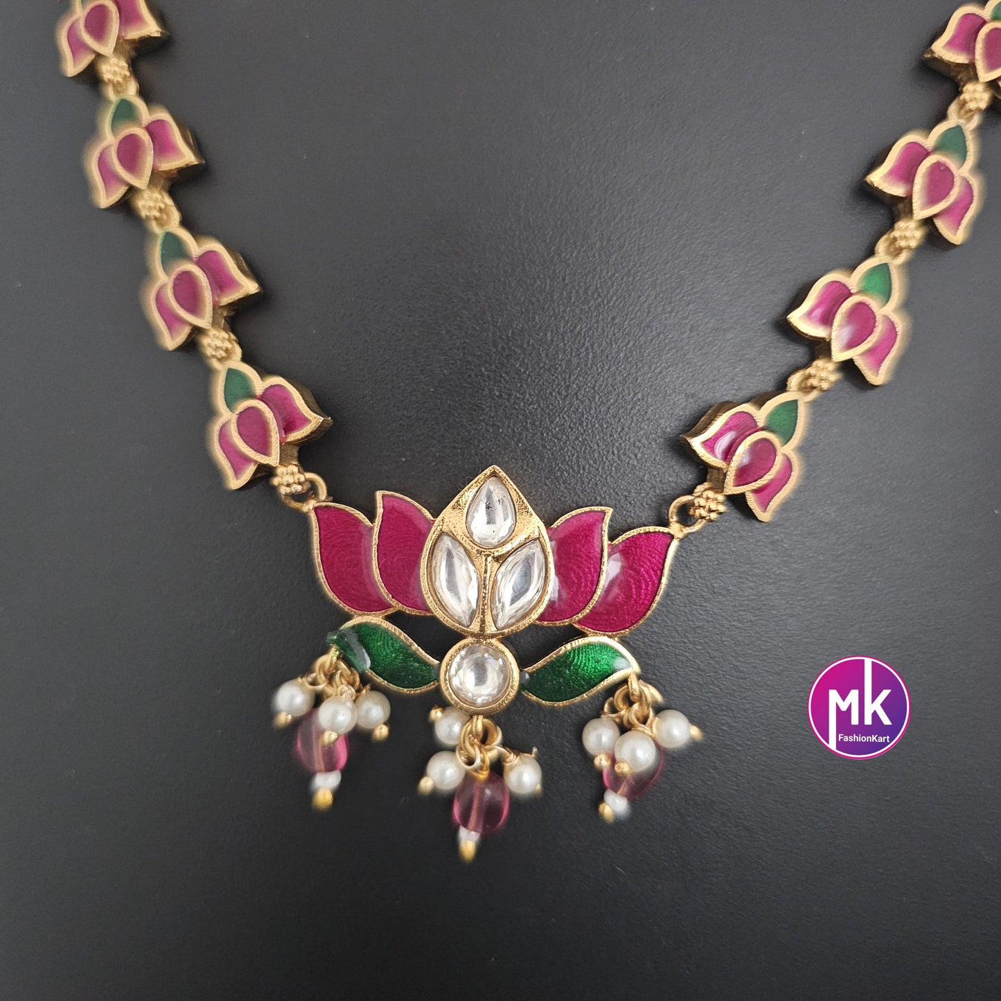 Vibrant color Lotus Meenakari work trendy Necklace with matching Earrings - Adult cum Teen Necklace - Fashion Jewelry - MK Fashionkart