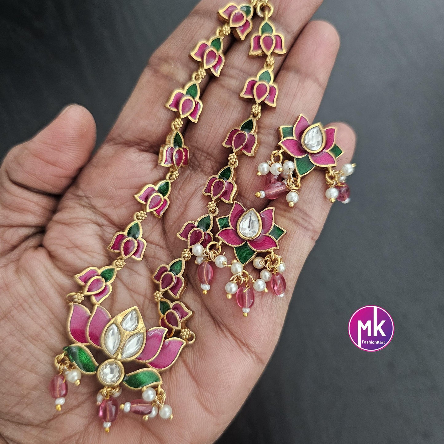Vibrant color Lotus Meenakari work trendy Necklace with matching Earrings - Adult cum Teen Necklace - Fashion Jewelry - MK Fashionkart
