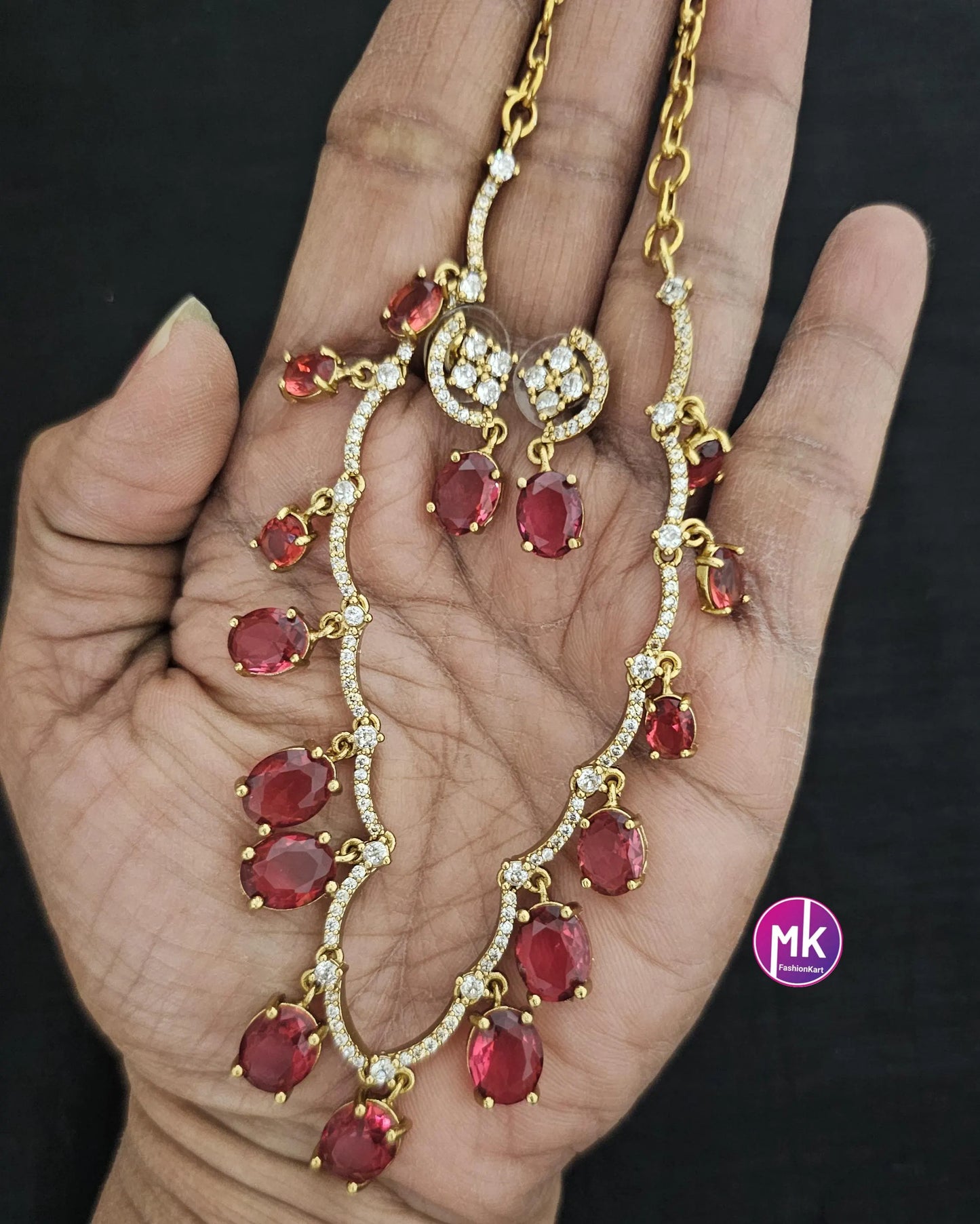 Elegant style beautiful celebrity style AD and CZ stone necklace with matching Earrings - Adult cum Teen Necklace - MK Fashionkart