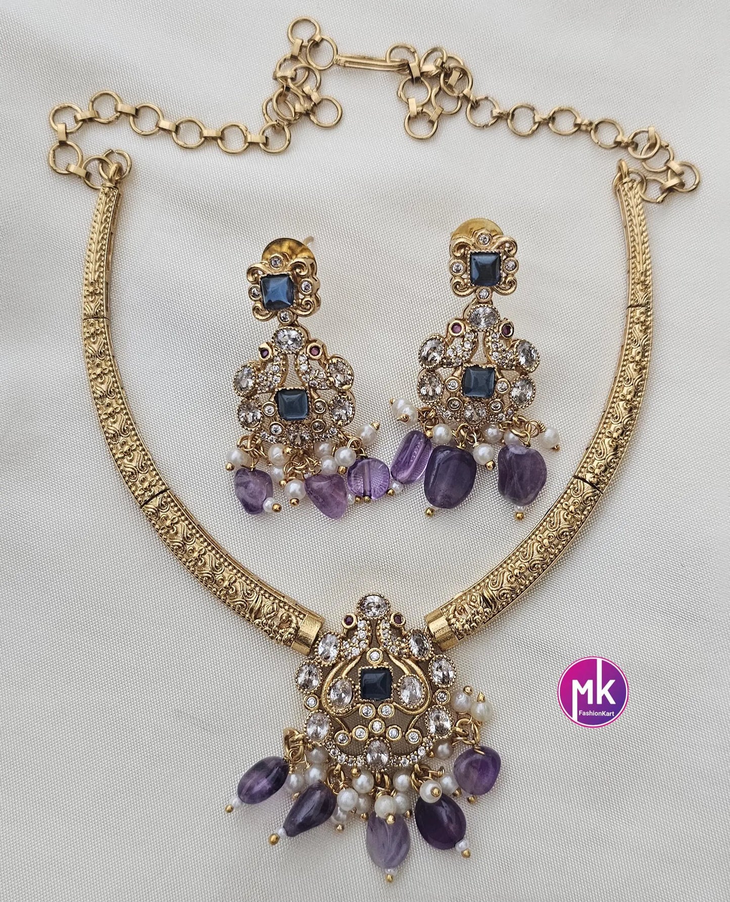 Premium Quality Hasli type stone necklace with matching Earrings - Adult cum Teen Necklace - Fashion Jewelry - Mk Fashionkart