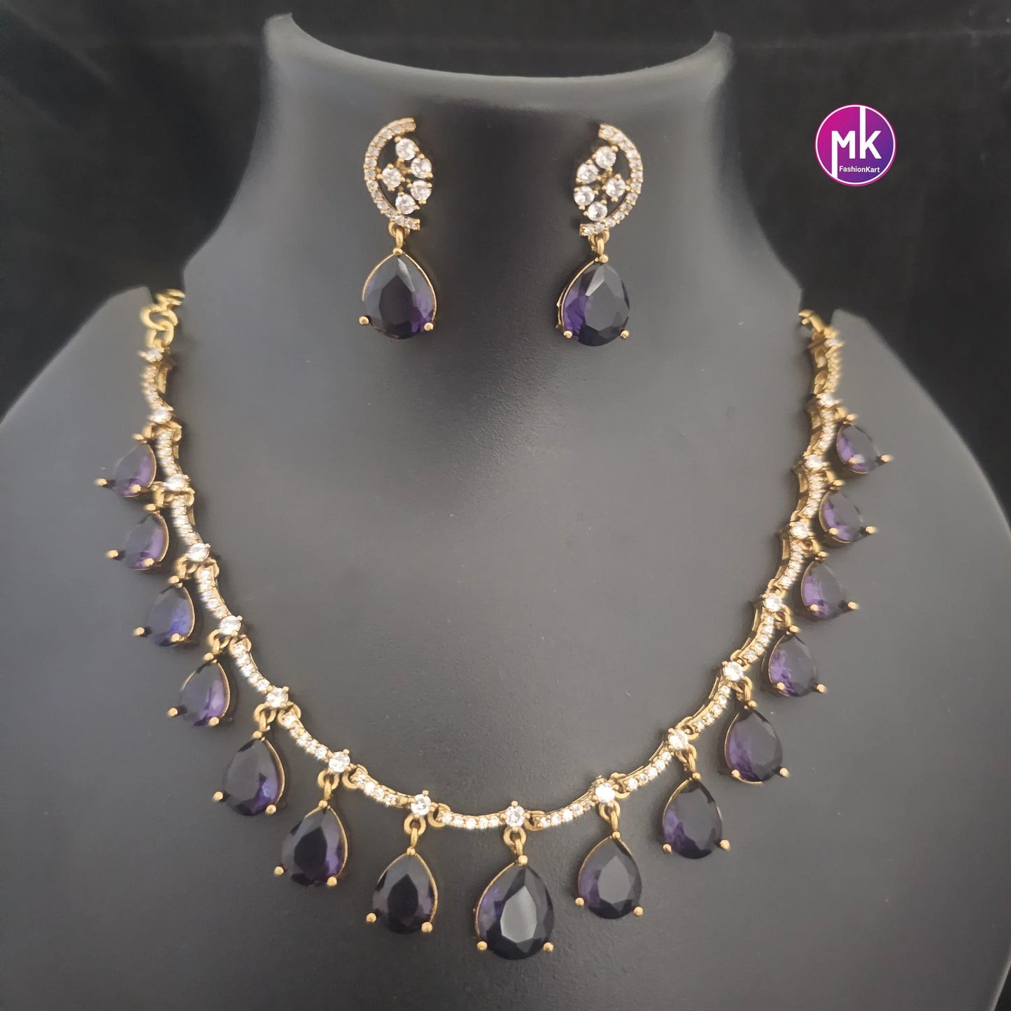 Elegant style beautiful celebrity style AD and CZ stone necklace with matching Earrings - Adult cum Teen Necklace - MK Fashionkart