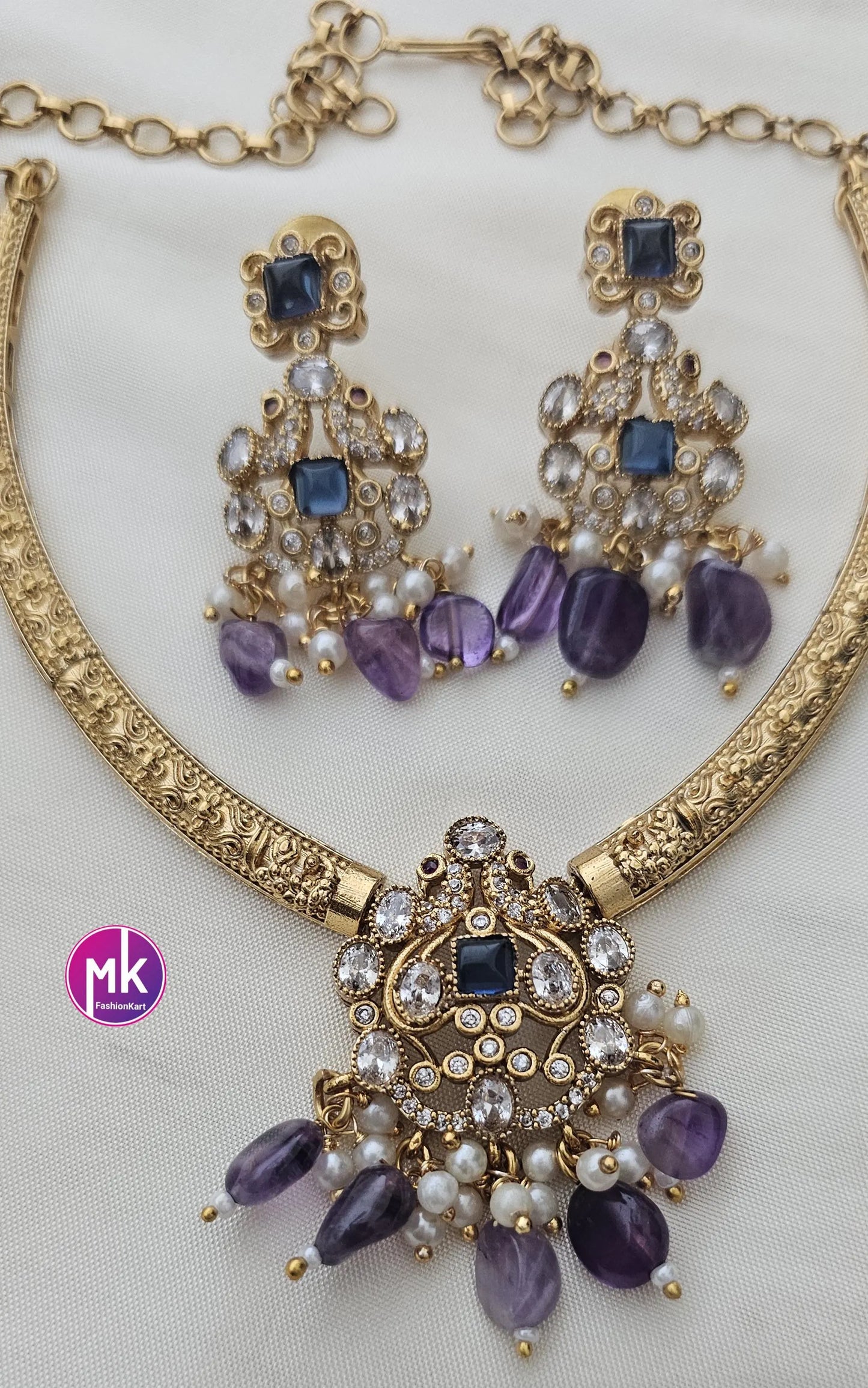 Premium Quality Hasli type stone necklace with matching Earrings - Adult cum Teen Necklace - Fashion Jewelry - Mk Fashionkart