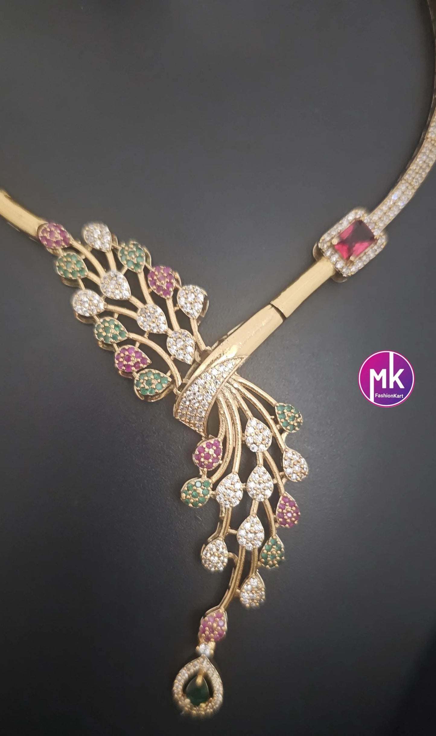 Stunning collection of peacock feather design Hasli AD stone necklace with matching Earrings - Fashion Jewelry - MK Fashionkart
