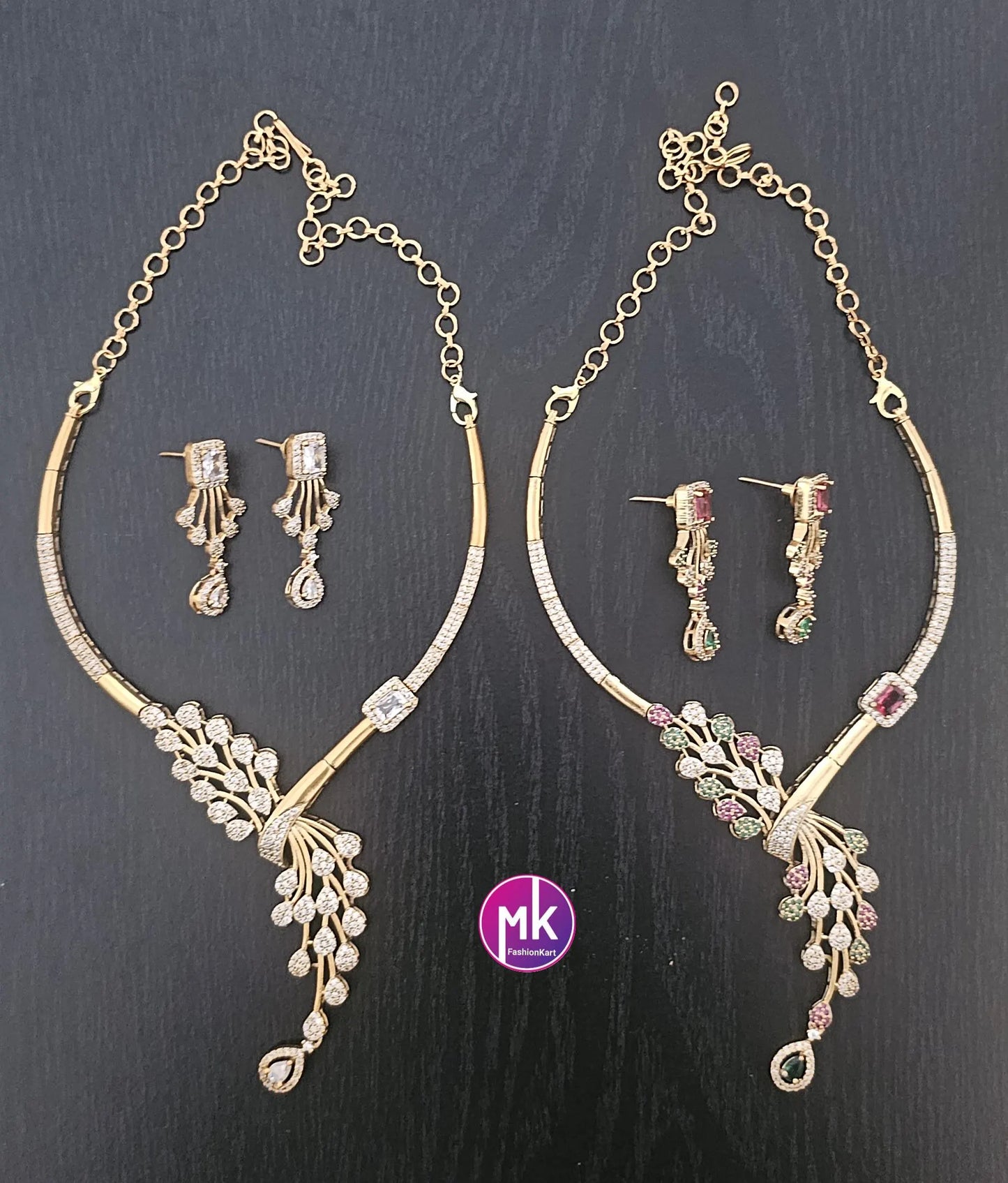 Stunning collection of peacock feather design Hasli AD stone necklace with matching Earrings - Fashion Jewelry - MK Fashionkart