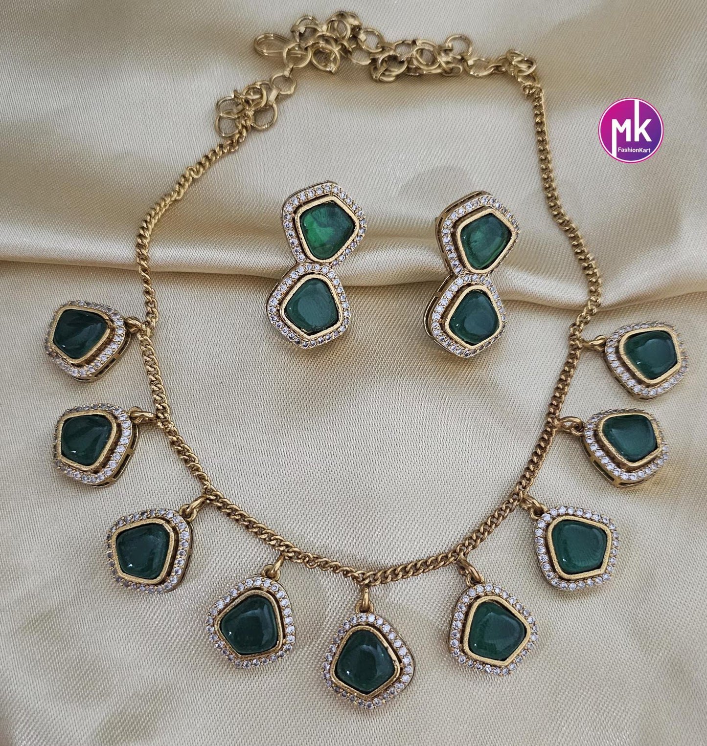 Gold finish Simple partywear AD and CZ stone necklace with matching Earrings - Adult cum Teen Necklace - Fashion Jewelry - MK Fashionkart