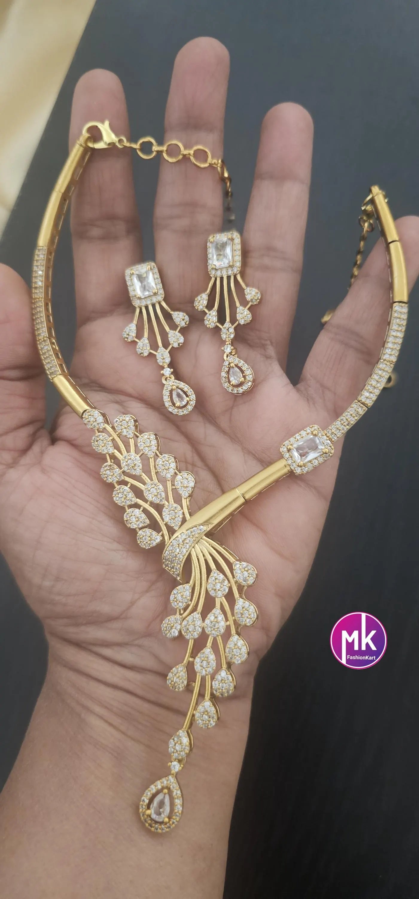 Stunning collection of peacock feather design Hasli AD stone necklace with matching Earrings - Fashion Jewelry - MK Fashionkart