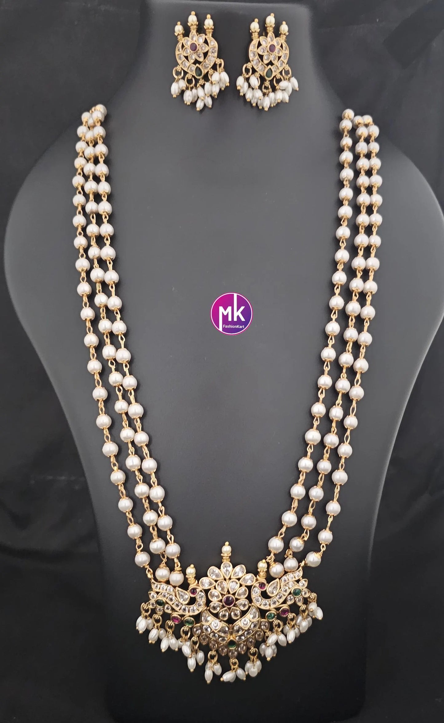 Peacock Flower design Matte gold finish and Kemp stones Pendent with long Mala with matching Earrings - Fashion Jewelry - MK Fashionkart
