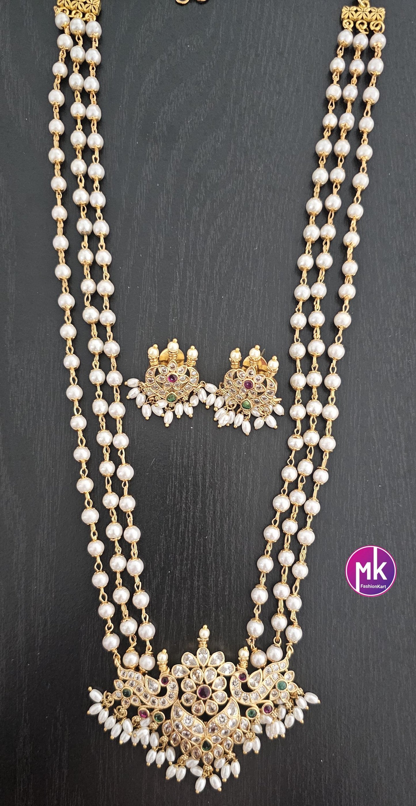 Peacock Flower design Matte gold finish and Kemp stones Pendent with long Mala with matching Earrings - Fashion Jewelry - MK Fashionkart