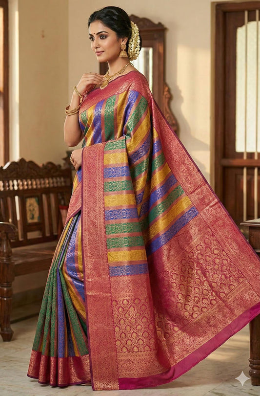 Embose vertical kanchi silk multi zari saree w rich pallu w tassels and rich running blouse - Wedding Saree - Bridal Saree - MK Fashionkart