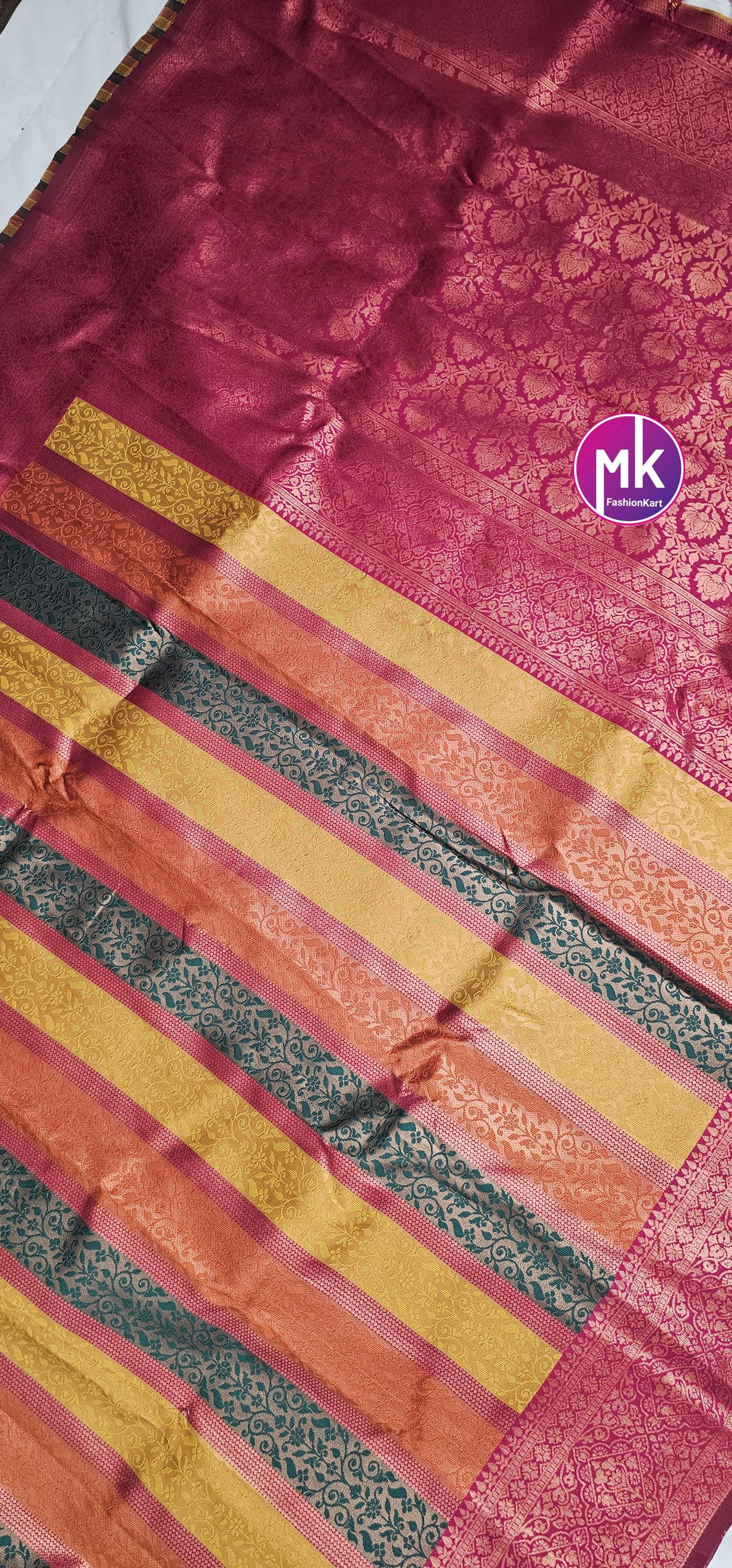 Embose vertical kanchi silk multi zari saree w rich pallu w tassels and rich running blouse - Wedding Saree - Bridal Saree - MK Fashionkart
