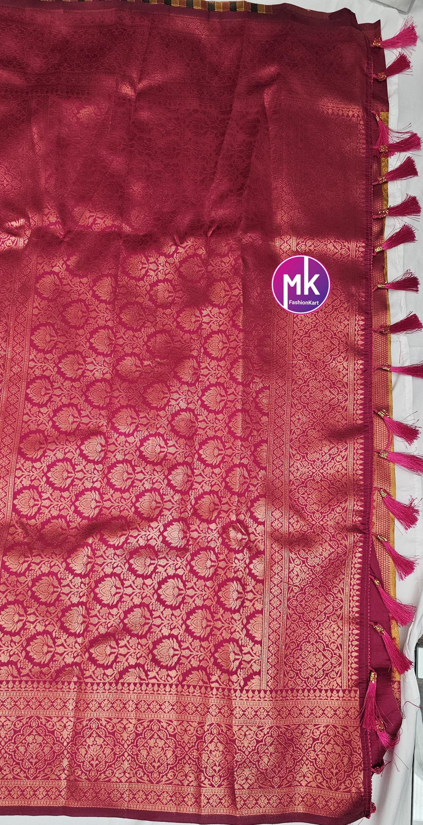 Embose vertical kanchi silk multi zari saree w rich pallu w tassels and rich running blouse - Wedding Saree - Bridal Saree - MK Fashionkart