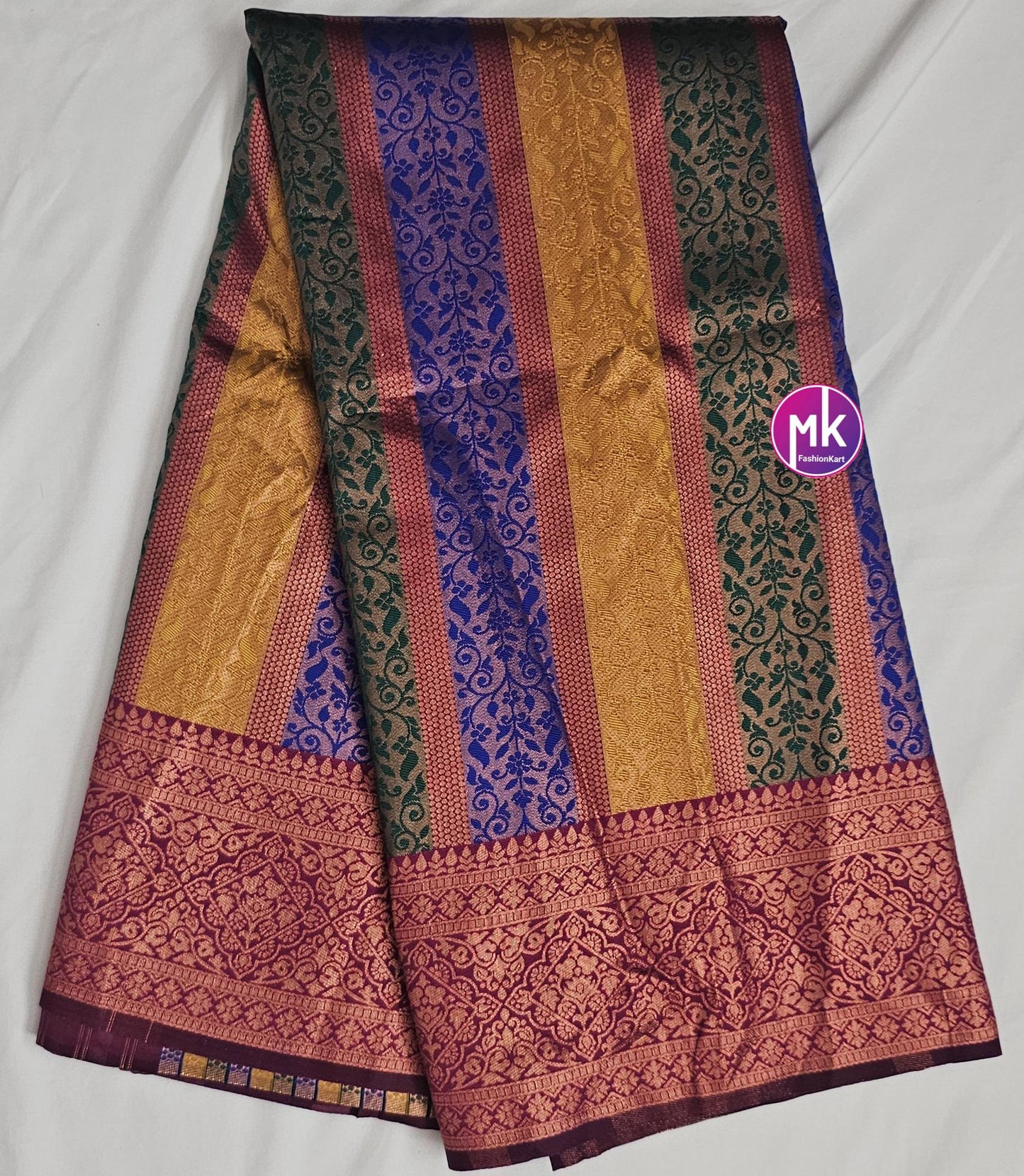 Embose vertical kanchi silk multi zari saree w rich pallu w tassels and rich running blouse - Wedding Saree - Bridal Saree - MK Fashionkart