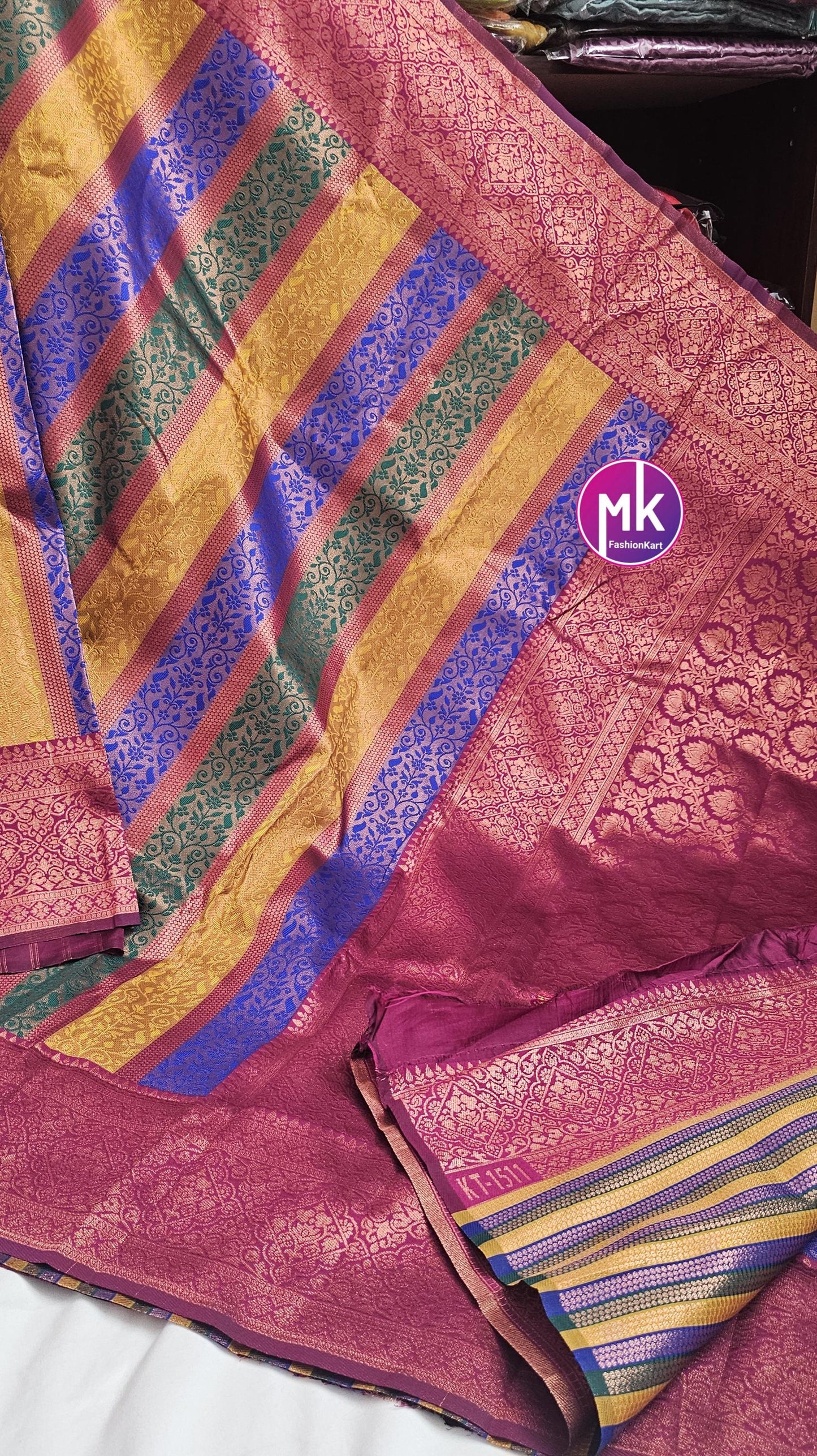 Embose vertical kanchi silk multi zari saree w rich pallu w tassels and rich running blouse - Wedding Saree - Bridal Saree - MK Fashionkart