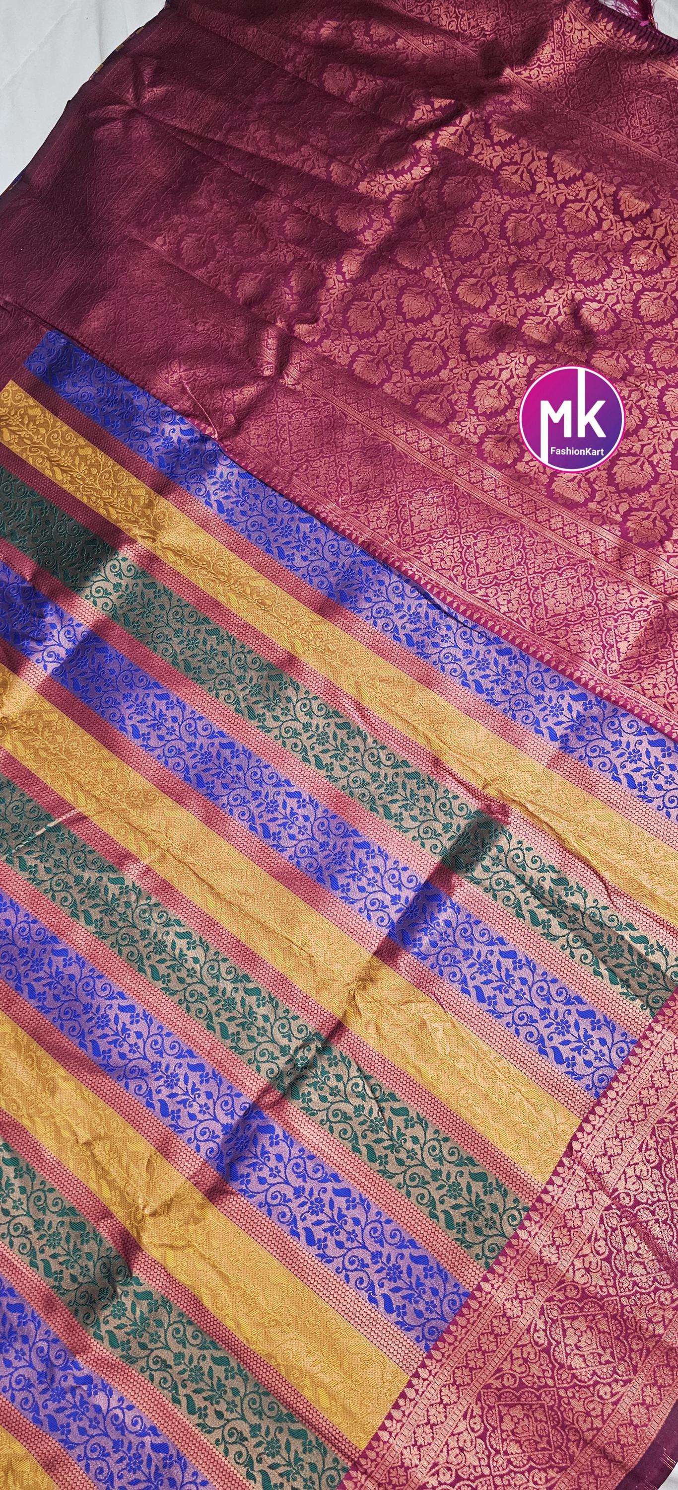Embose vertical kanchi silk multi zari saree w rich pallu w tassels and rich running blouse - Wedding Saree - Bridal Saree - MK Fashionkart