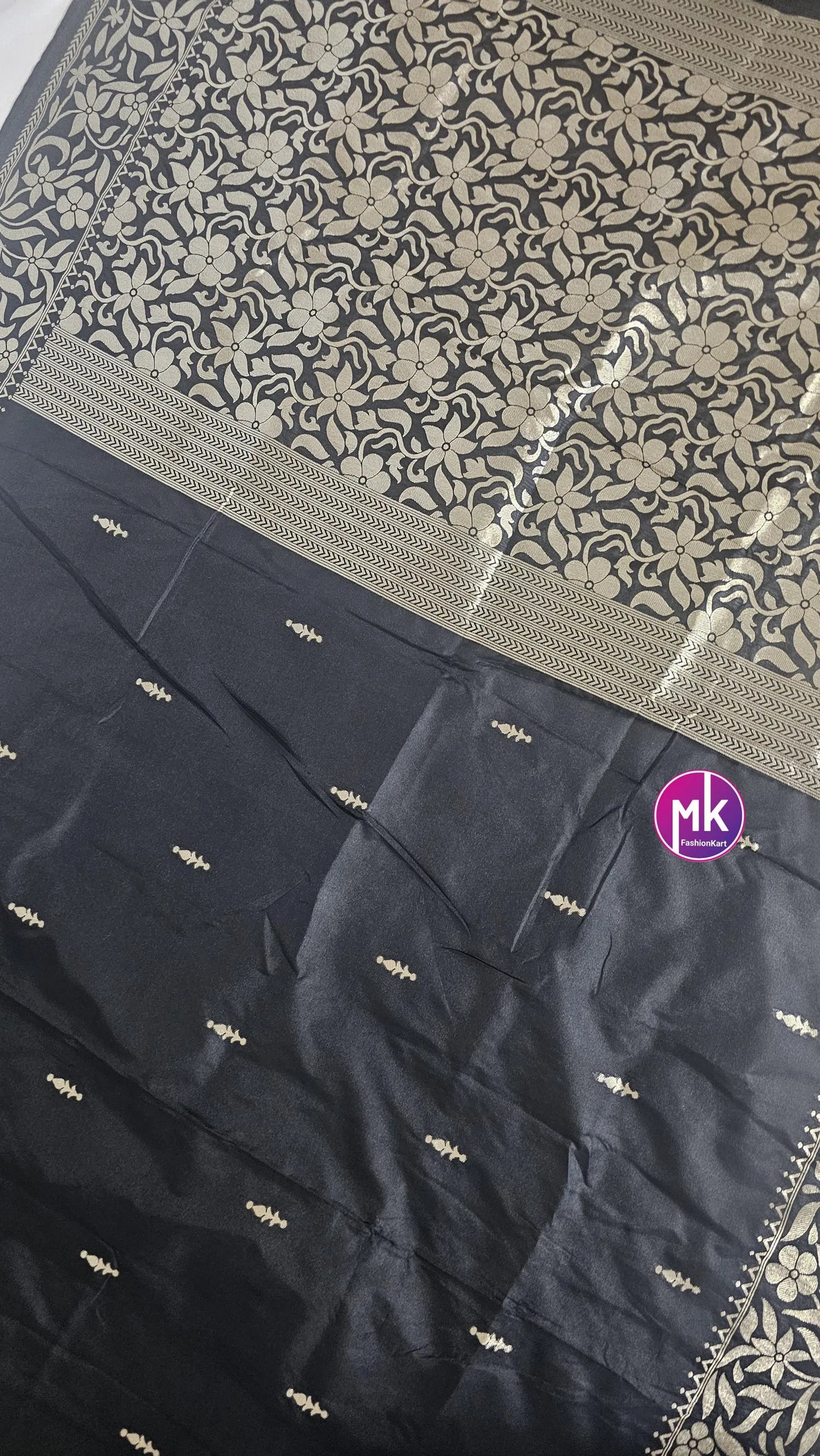 Purple and Black Color Beautiful pure Katan Silk Banarasi Soft Silk Saree w Golden border with running blouse (unstitched) - MK Fashionkart