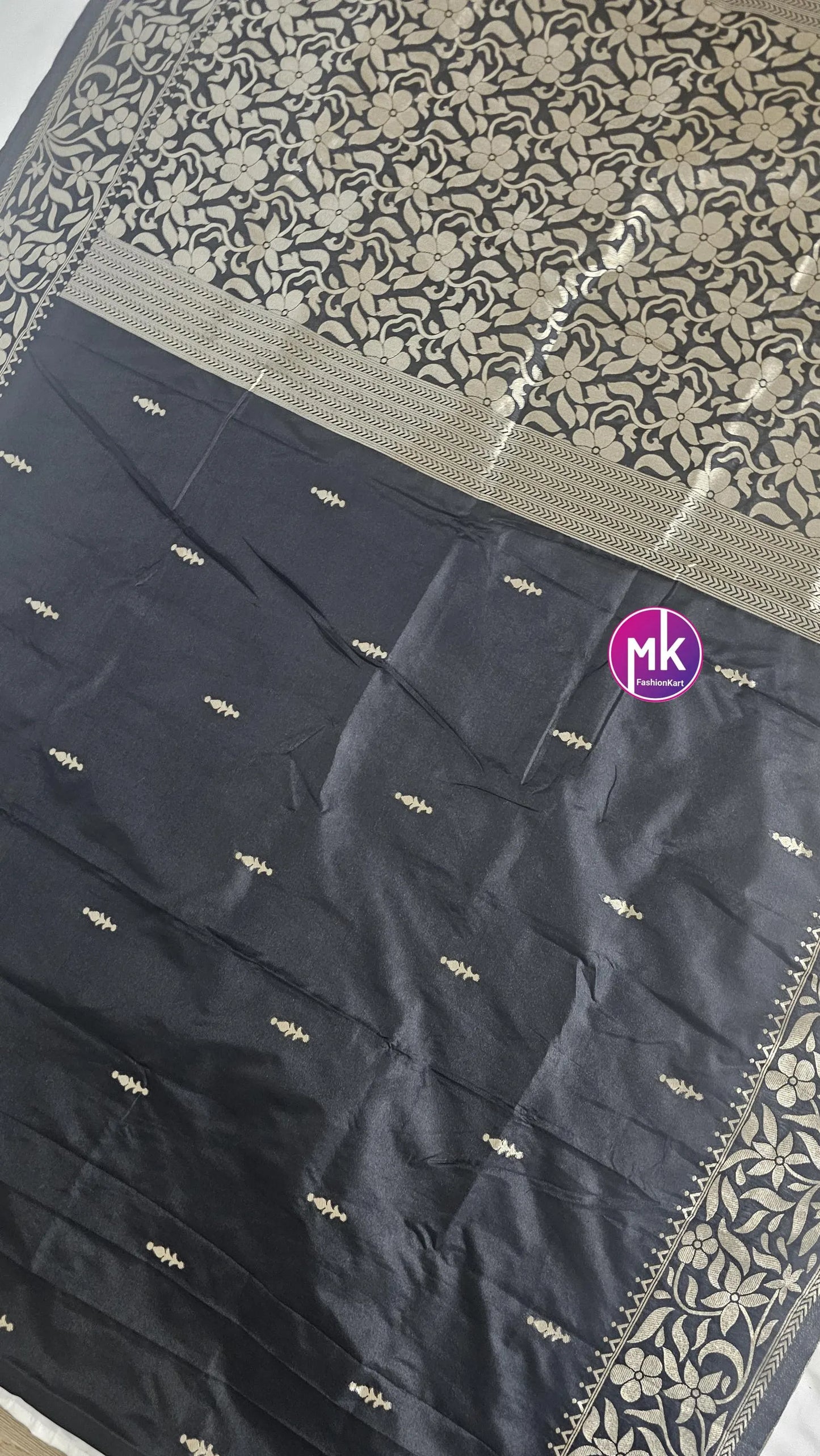 Purple and Black Color Beautiful pure Katan Silk Banarasi Soft Silk Saree w Golden border with running blouse (unstitched) - MK Fashionkart