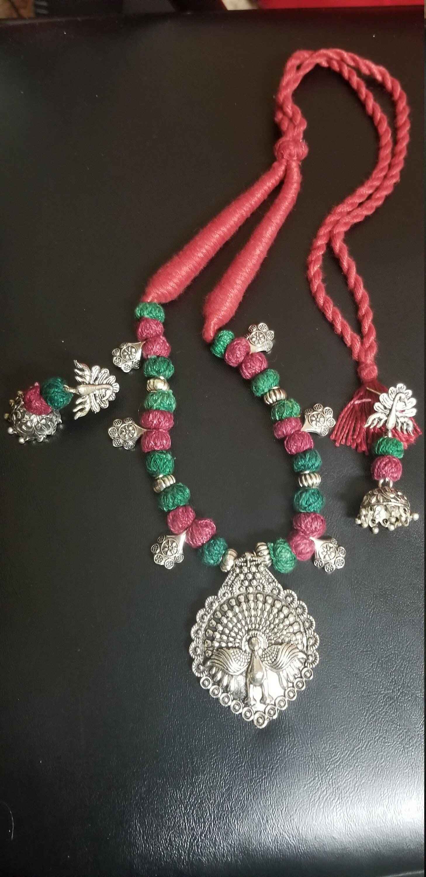 German silver pendant with green Maroon beads chain with matching jhumkis