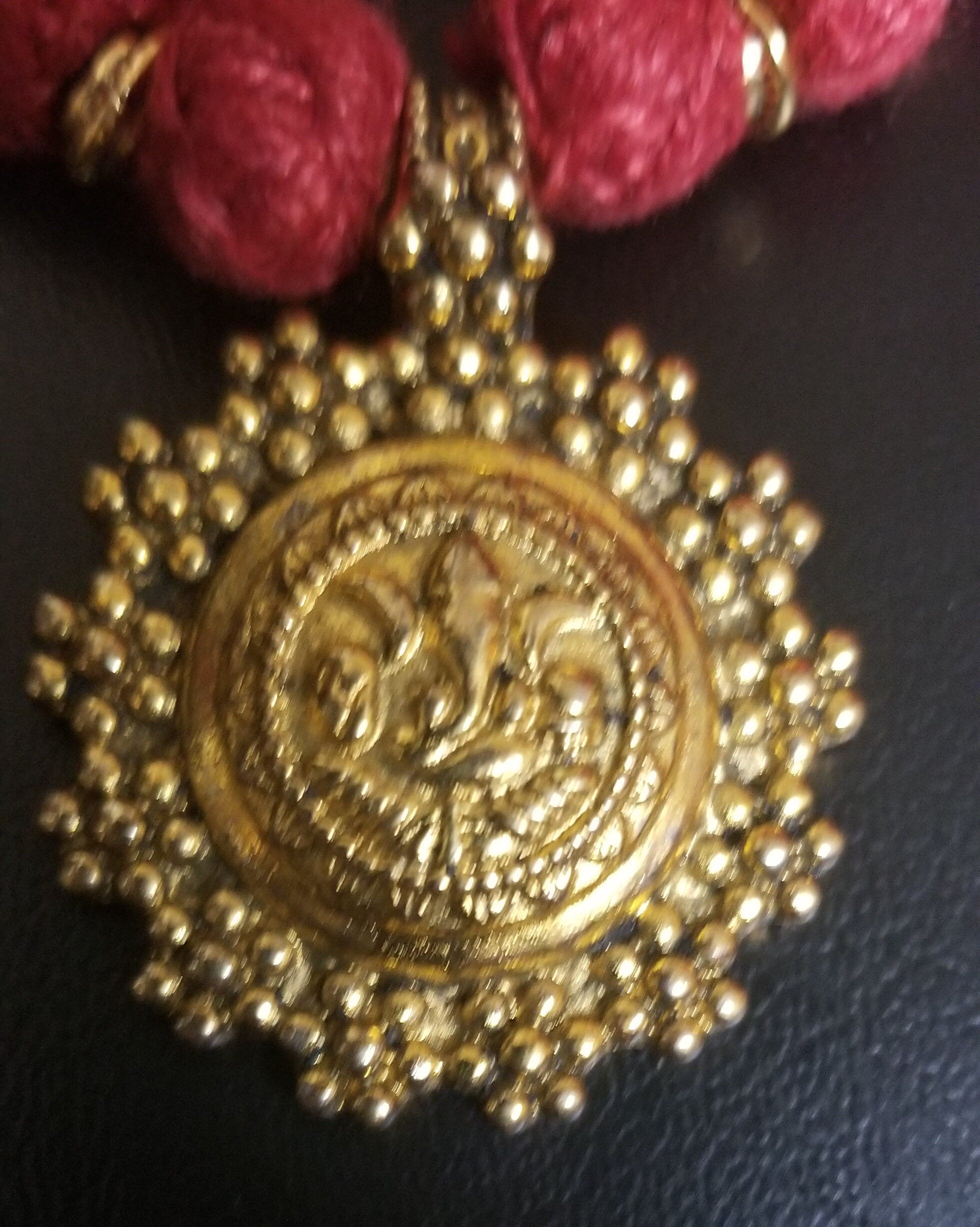 Antique pendent with maroon thread bead chain with matching antique jhumkis