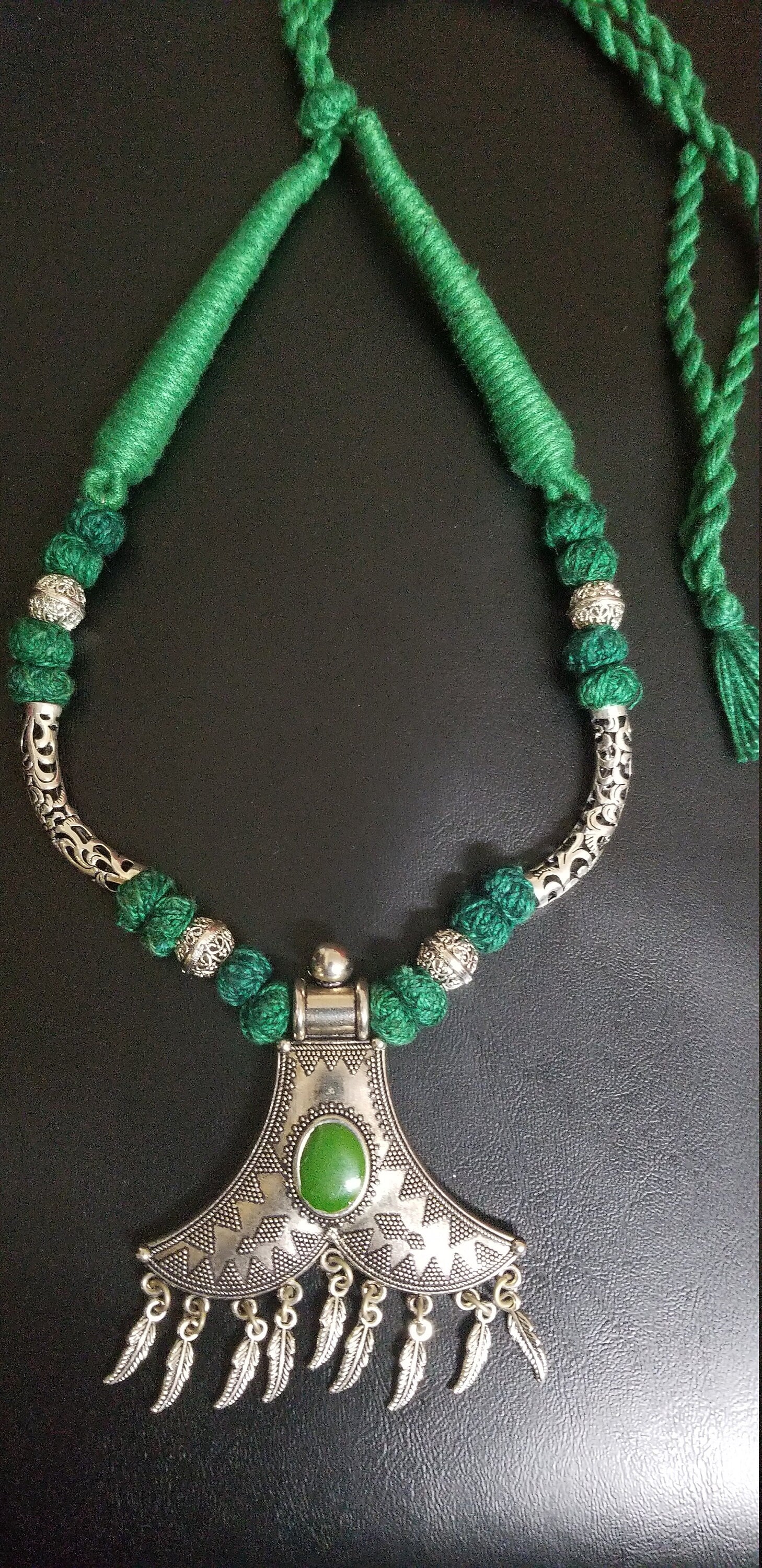 German silver pendant with green beads chain