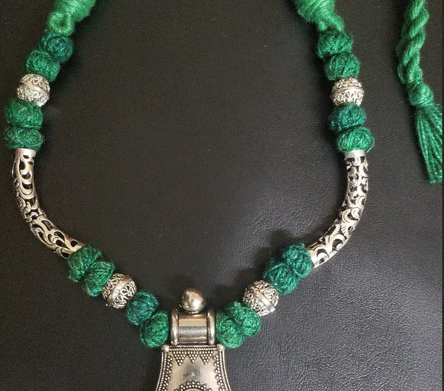 German silver pendant with green beads chain