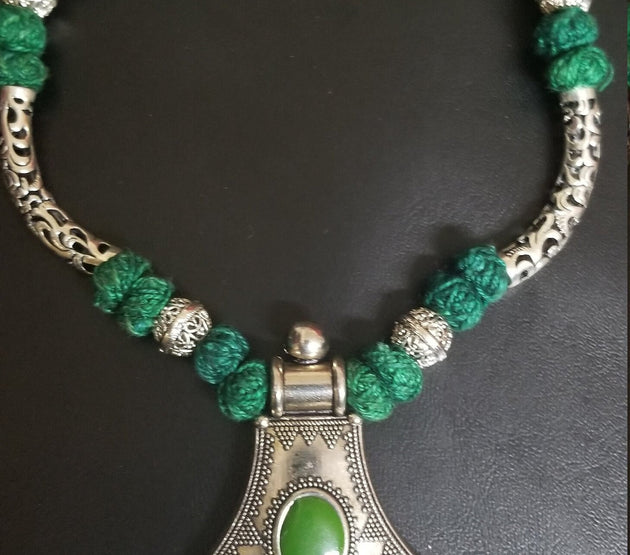 German silver pendant with green beads chain