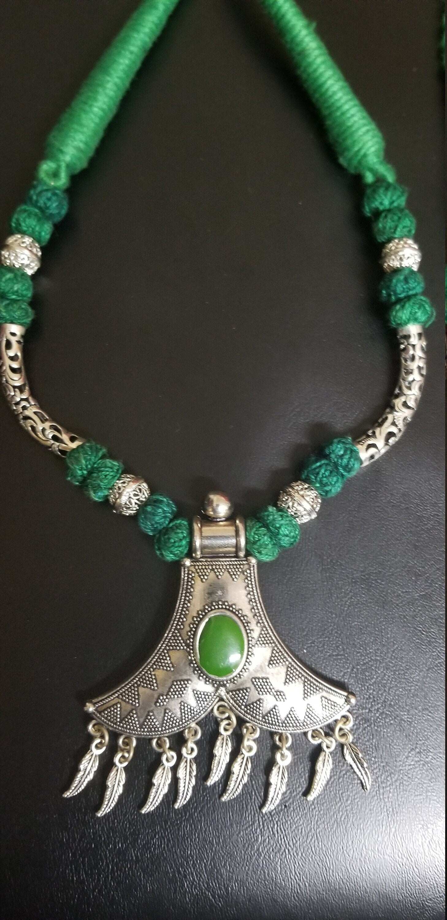 German silver pendant with green beads chain