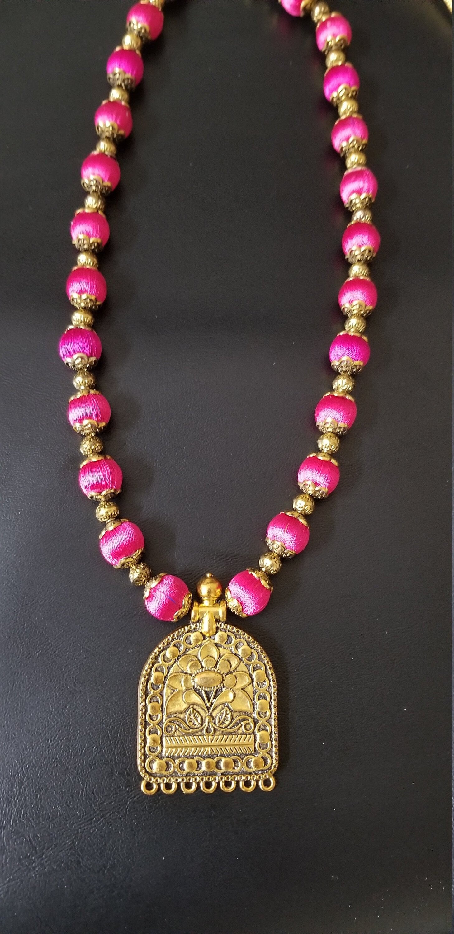 Silk Thread chain - Antique pendent with pink silk thread beads chain