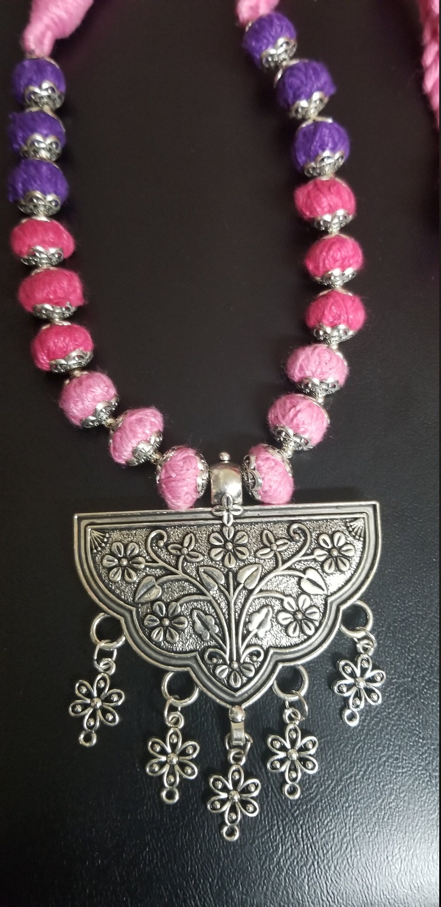 German silver pendant with multi color thread beads chain