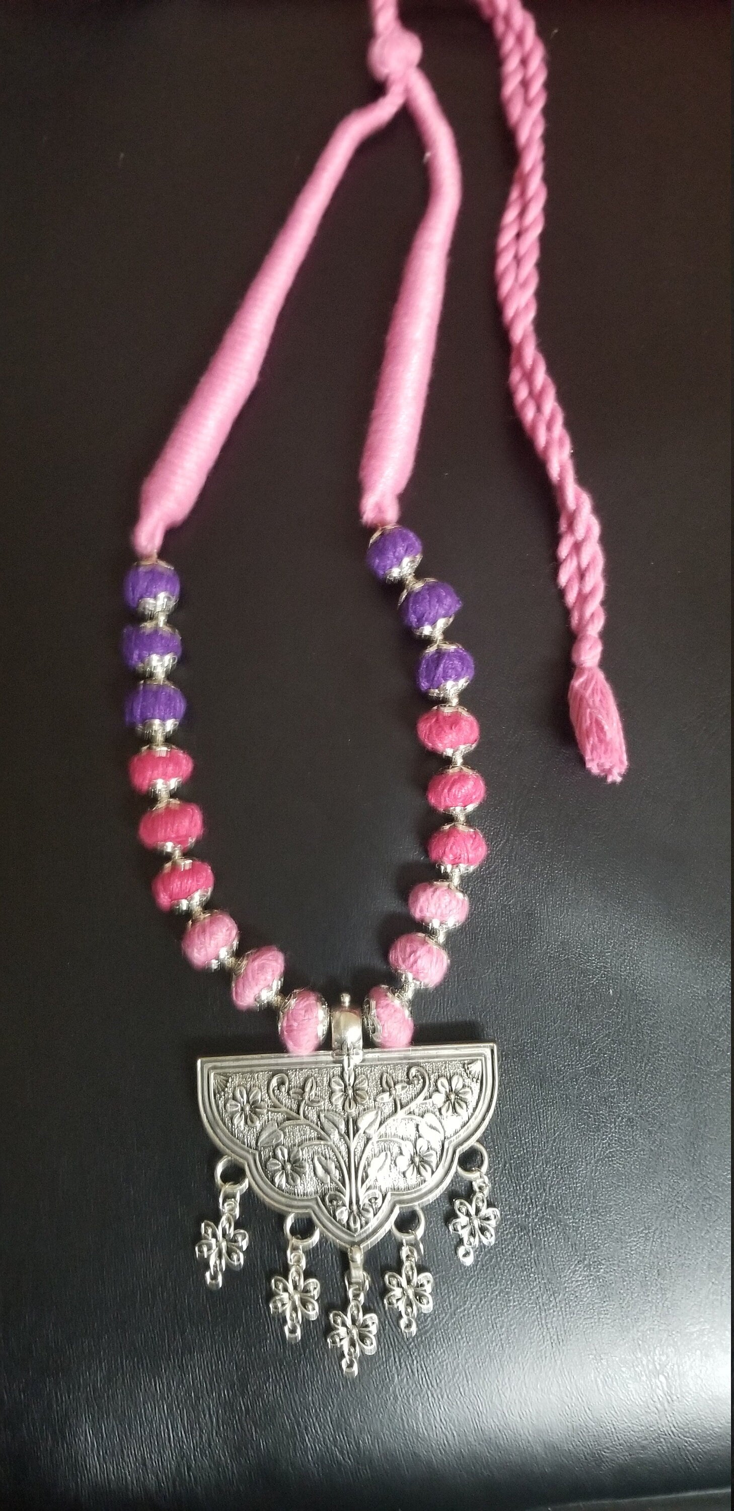 German silver pendant with multi color thread beads chain