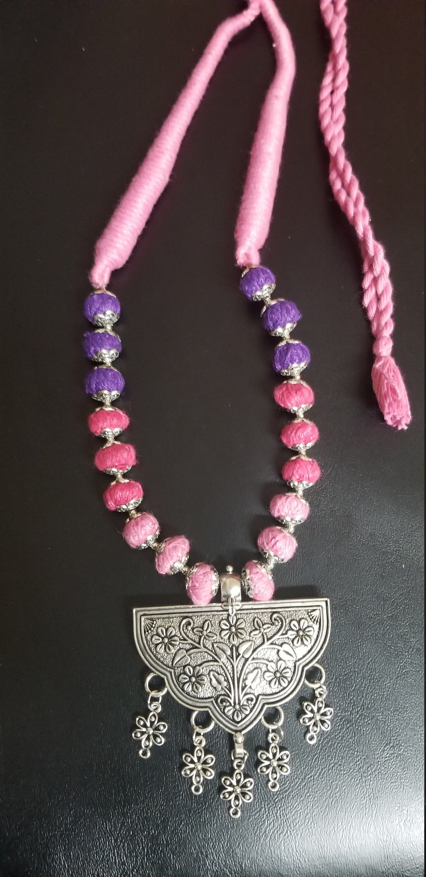 German silver pendant with multi color thread beads chain