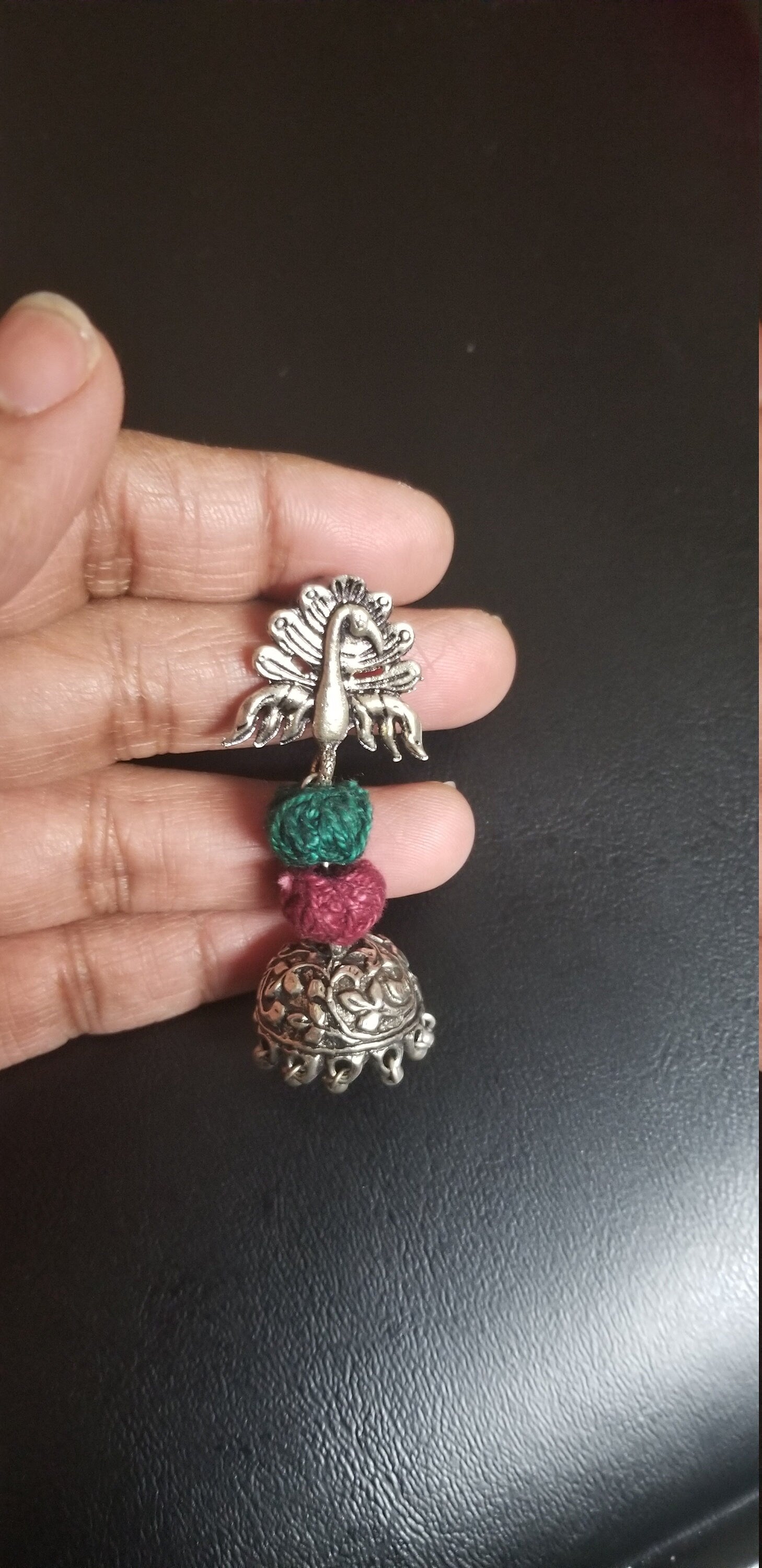 German silver pendant with green Maroon beads chain with matching jhumkis