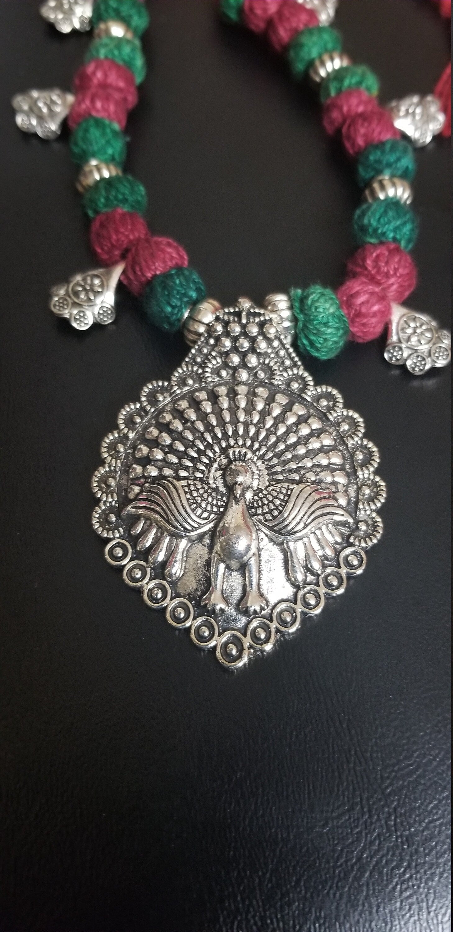 German silver pendant with green Maroon beads chain with matching jhumkis