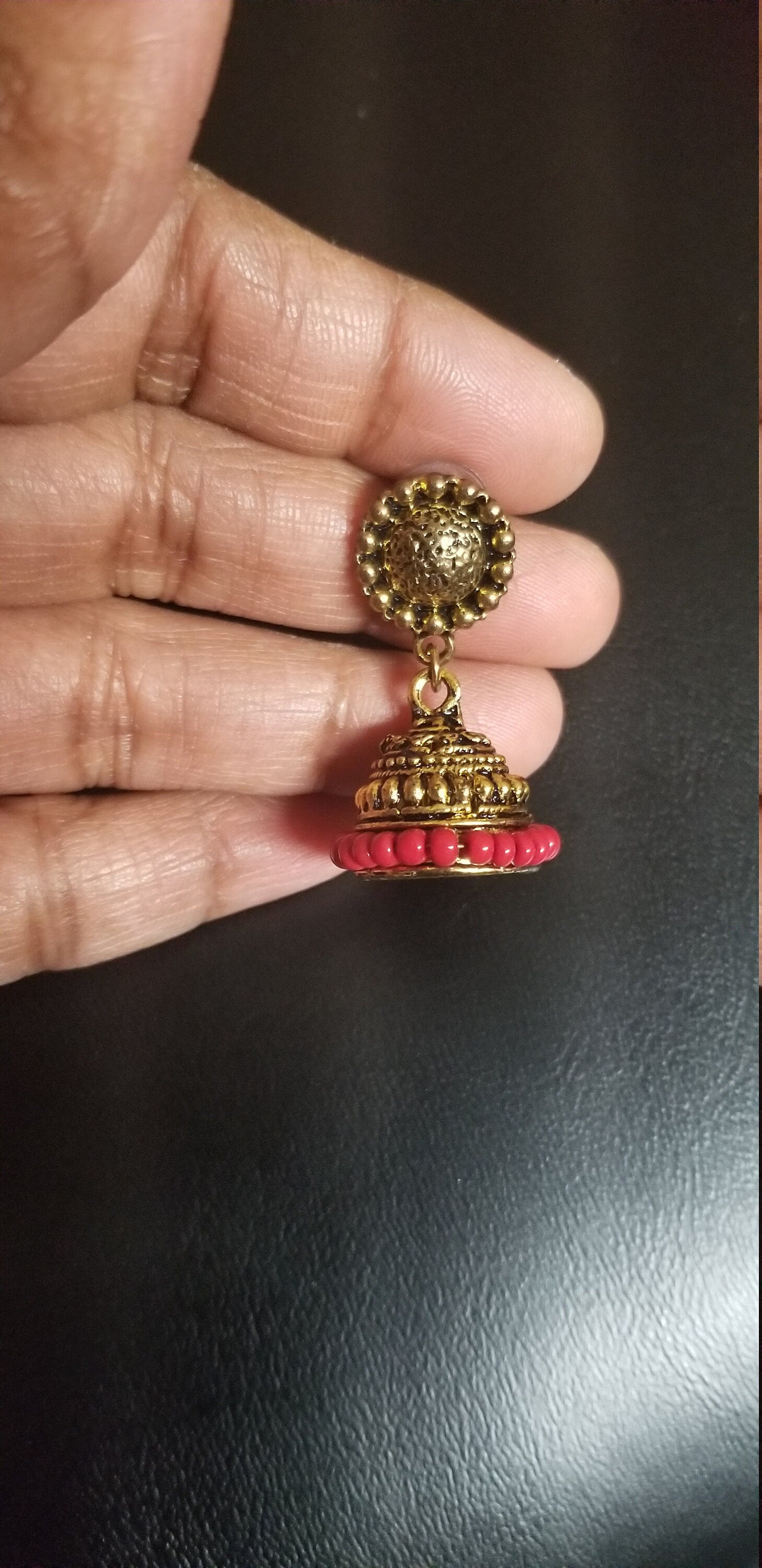 Antique pendent with maroon thread bead chain with matching antique jhumkis