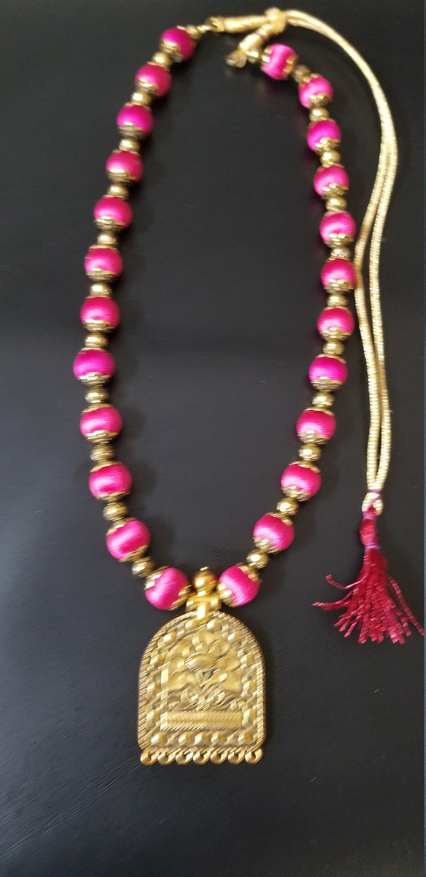 Silk Thread chain - Antique pendent with pink silk thread beads chain