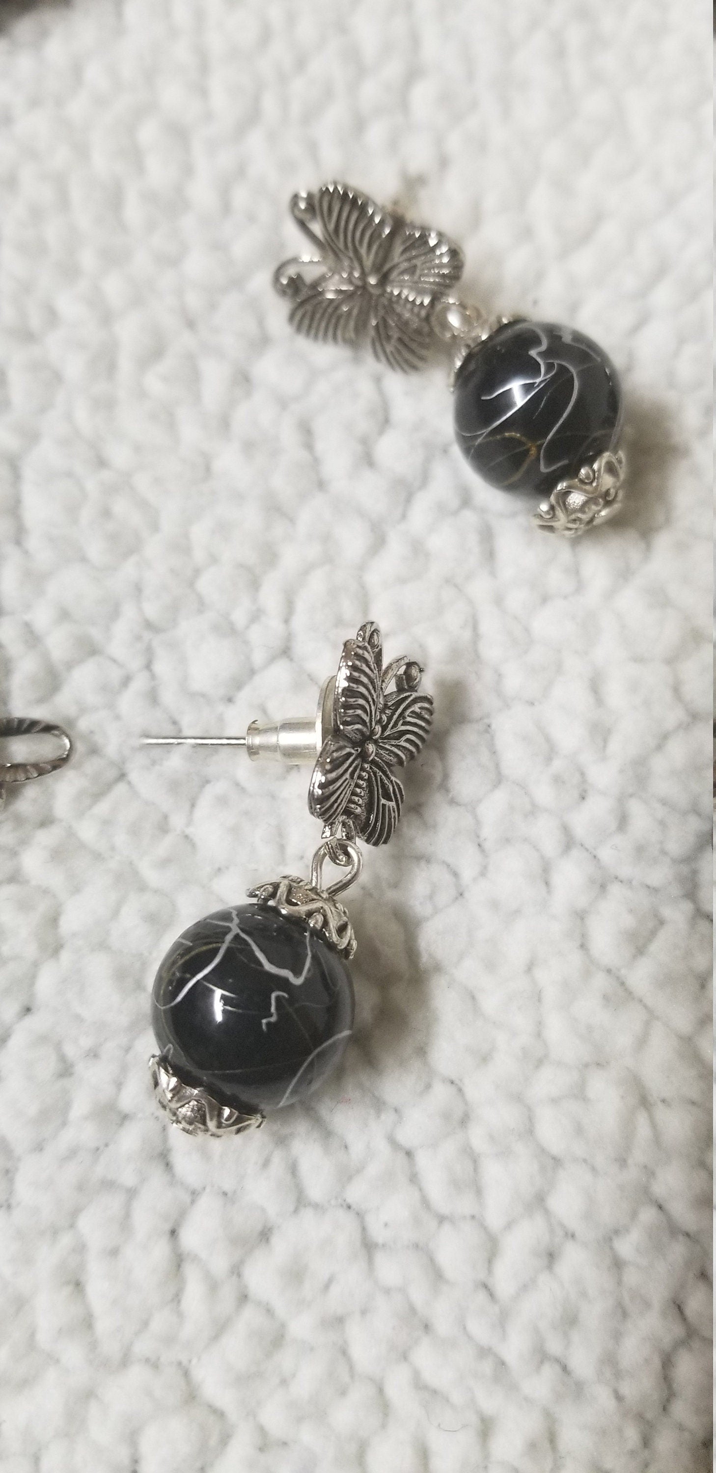 Black with silver line bead with german silver bead and butterfly earrings