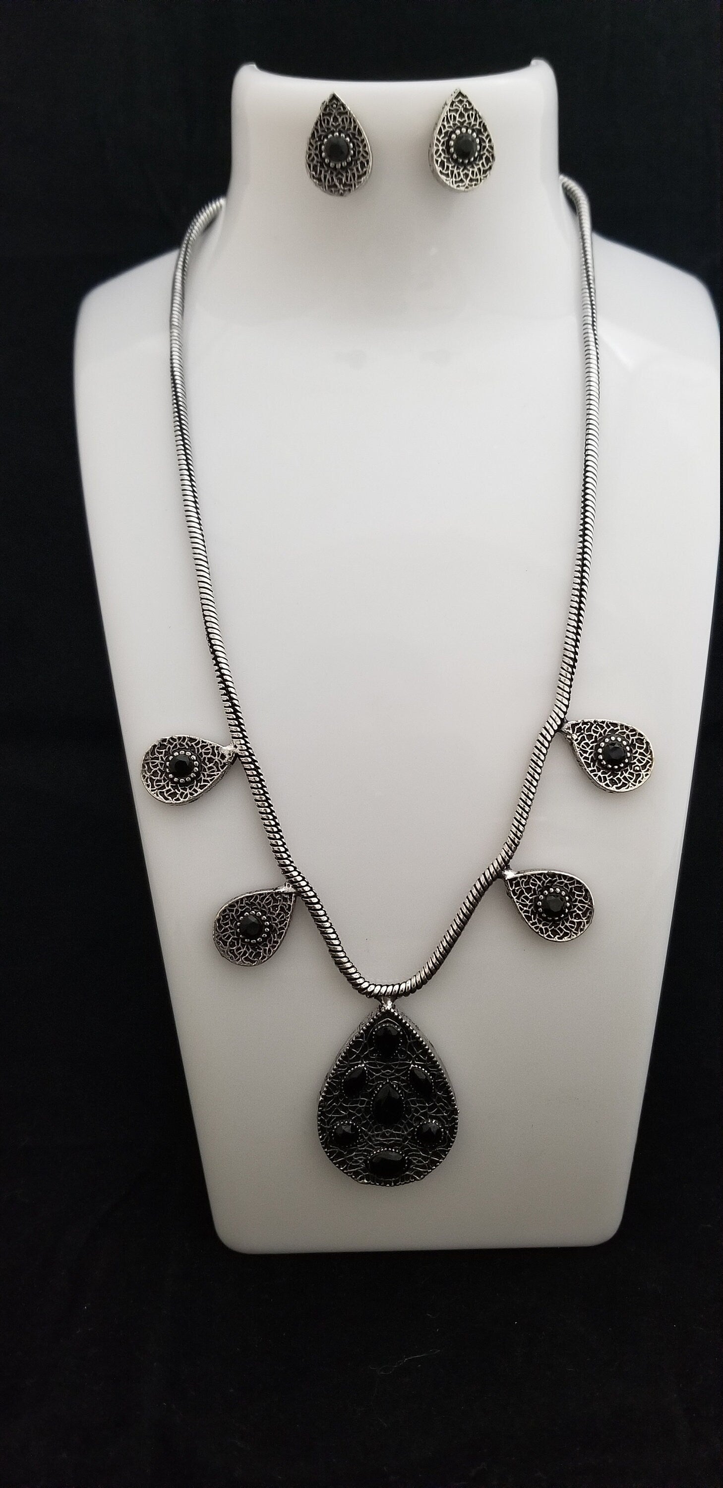 Antique Silver Chain with pendent with black stones and Matching cute earrings