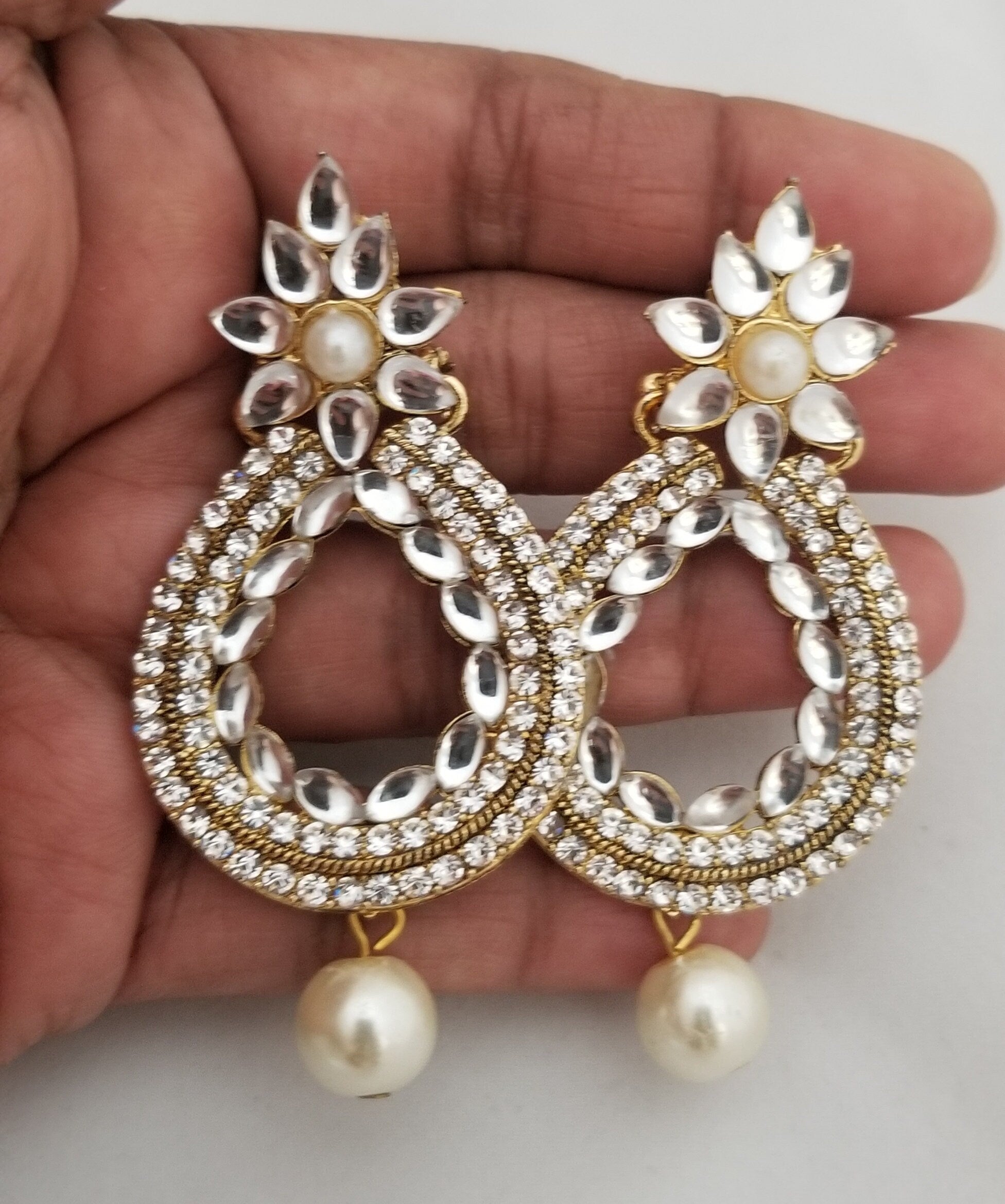Partywear white Stone with pearl hanging Earrings Jhumki Jhumka for Women and Girls