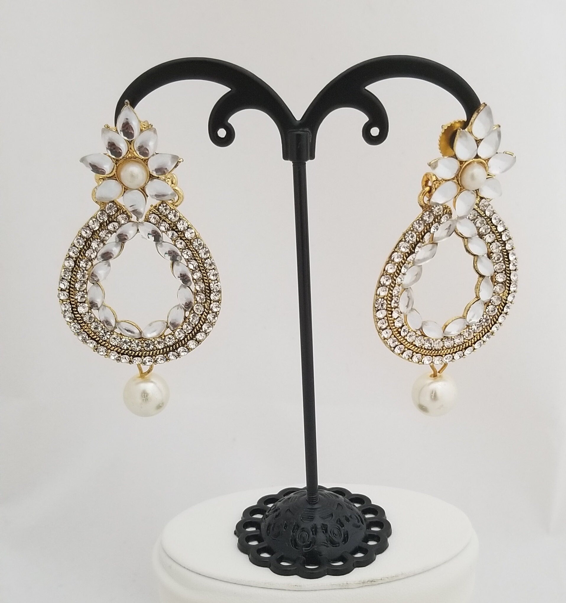 Partywear white Stone with pearl hanging Earrings Jhumki Jhumka for Women and Girls