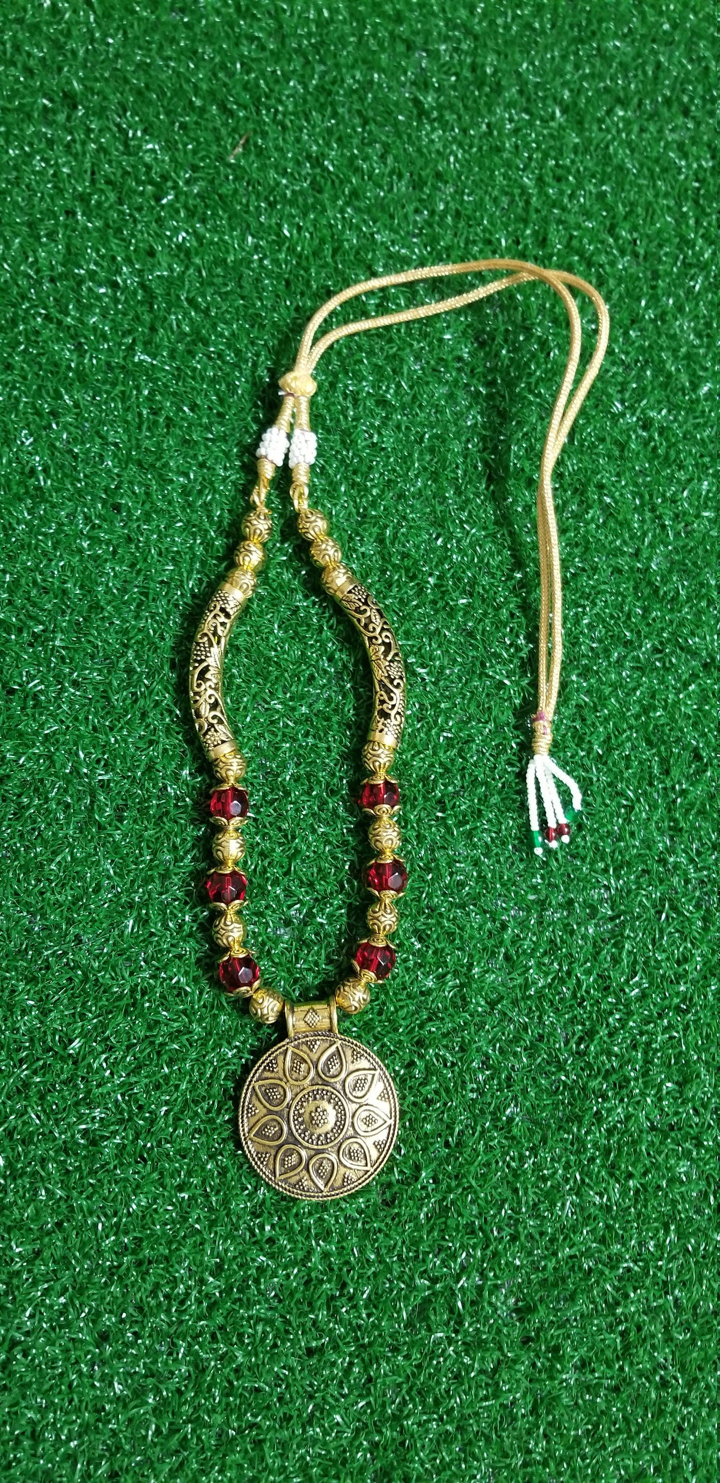 Antique traditional Bend Tube Necklace with semi-precious Jade bead chain - Ethnic Jewelry