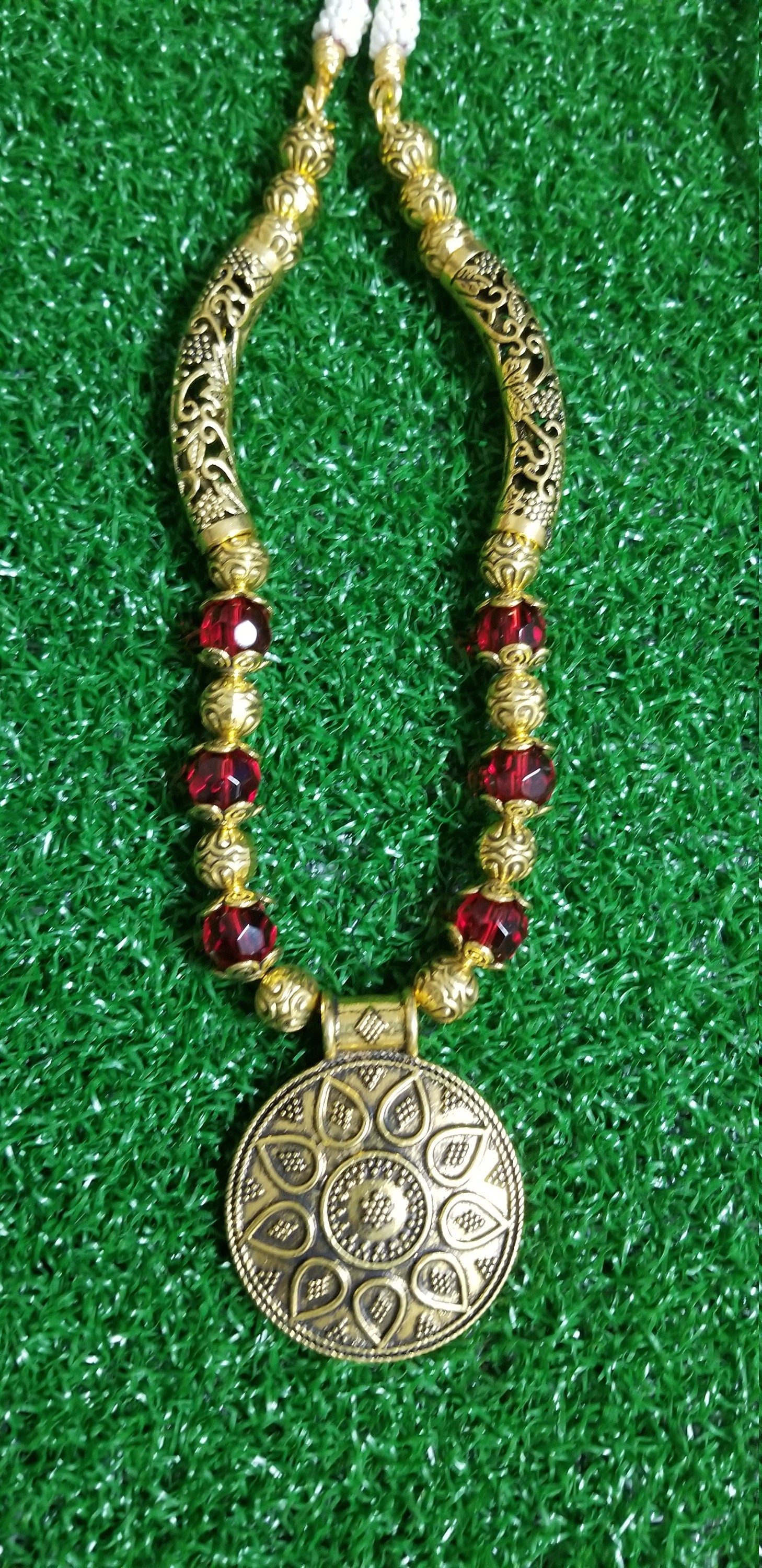 Antique traditional Bend Tube Necklace with semi-precious Jade bead chain - Ethnic Jewelry