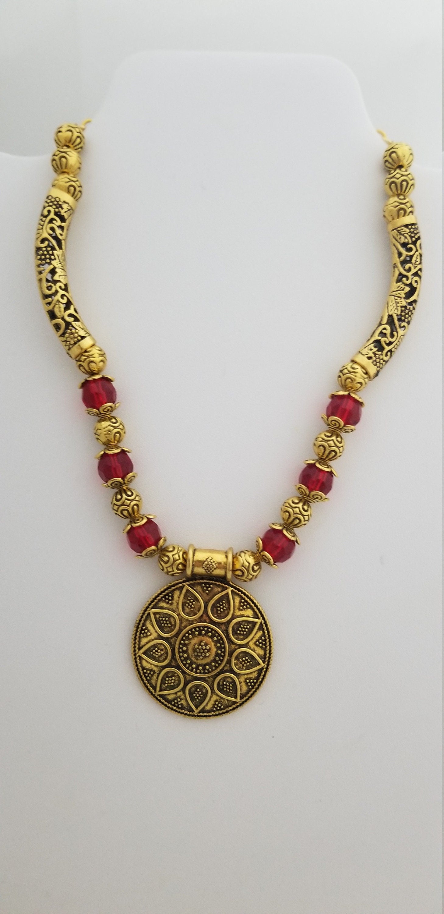 Antique traditional Bend Tube Necklace with semi-precious Jade bead chain - Ethnic Jewelry