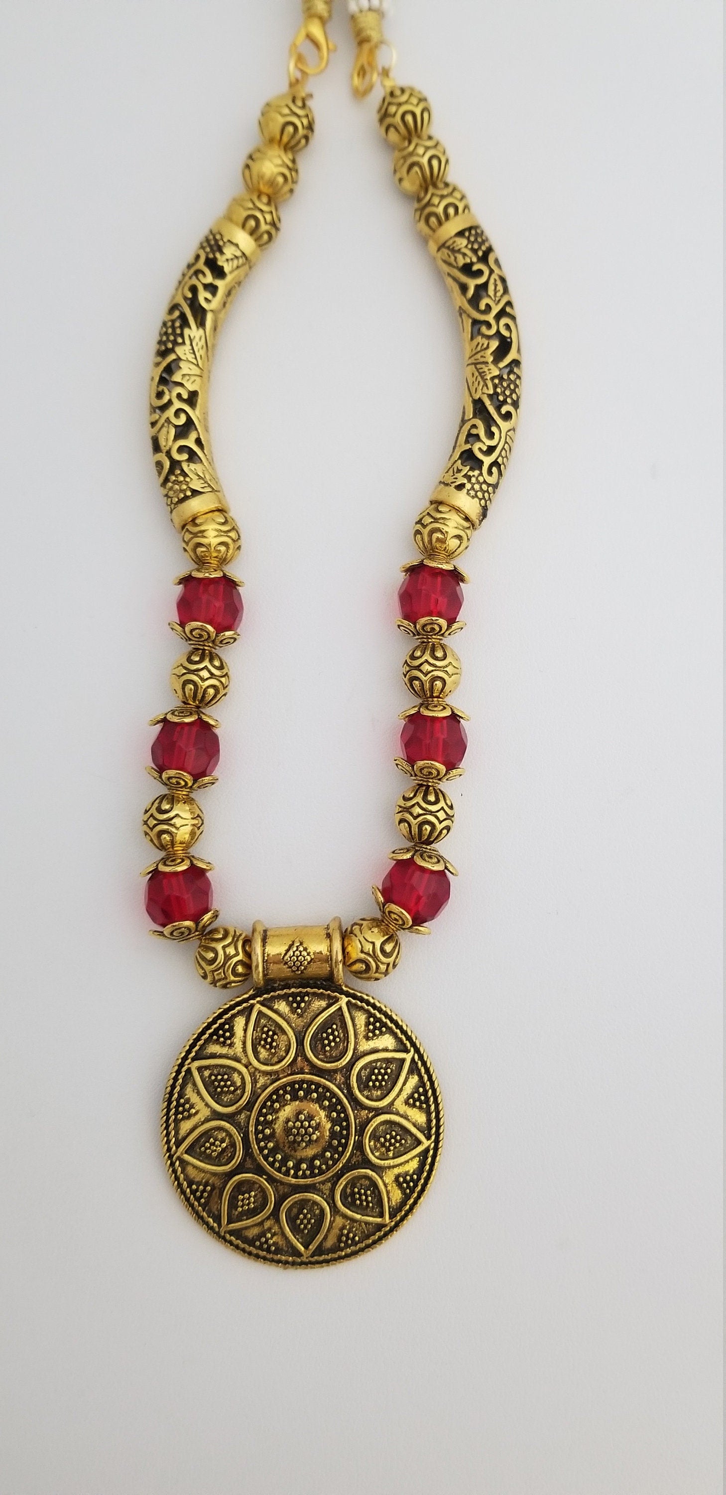 Antique traditional Bend Tube Necklace with semi-precious Jade bead chain - Ethnic Jewelry